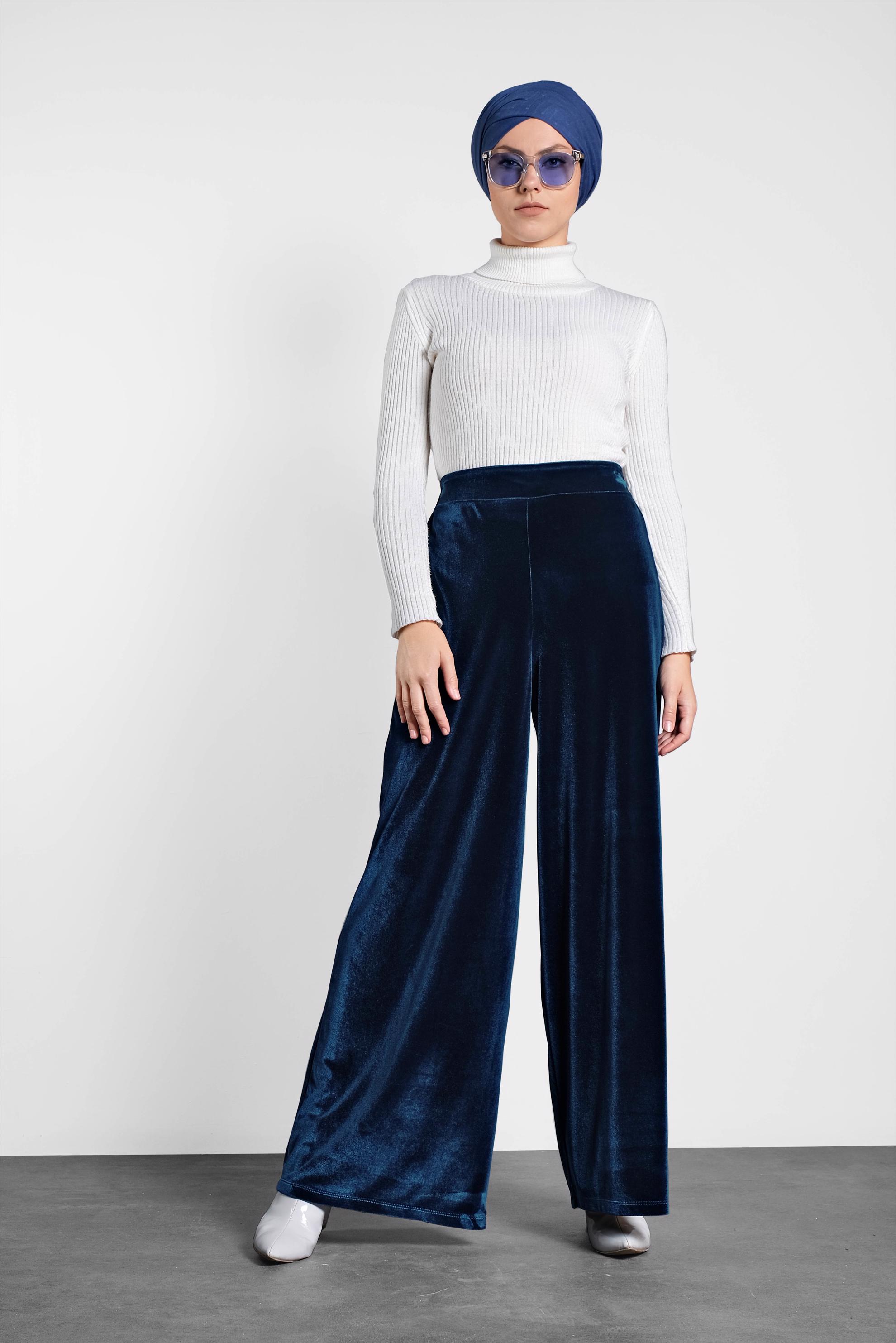 Tesettür giyim LACİVERT BELİ LASTİKLİ KADİFE PANTOLON 7404 