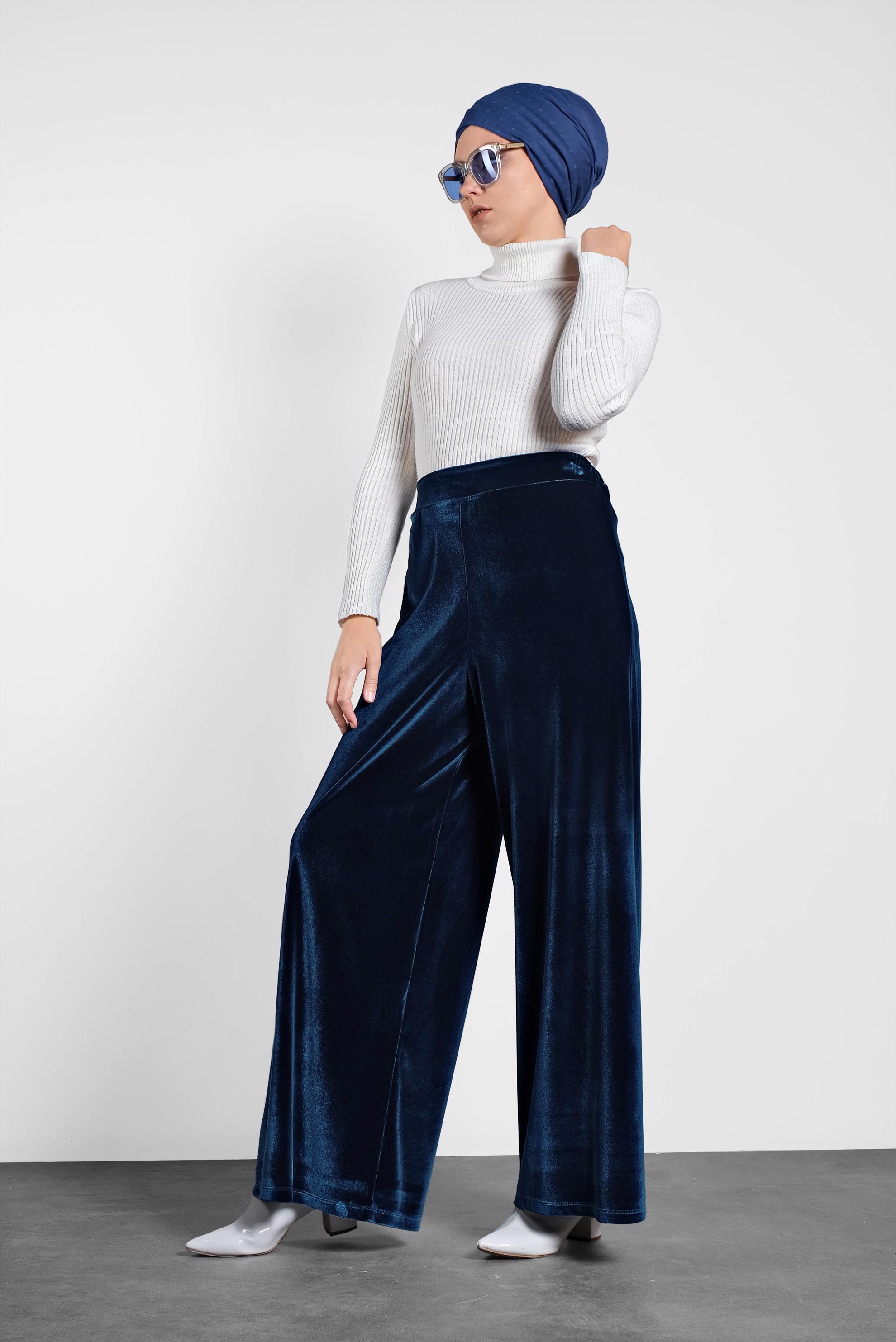 Tesettür giyim LACİVERT BELİ LASTİKLİ KADİFE PANTOLON 7404 