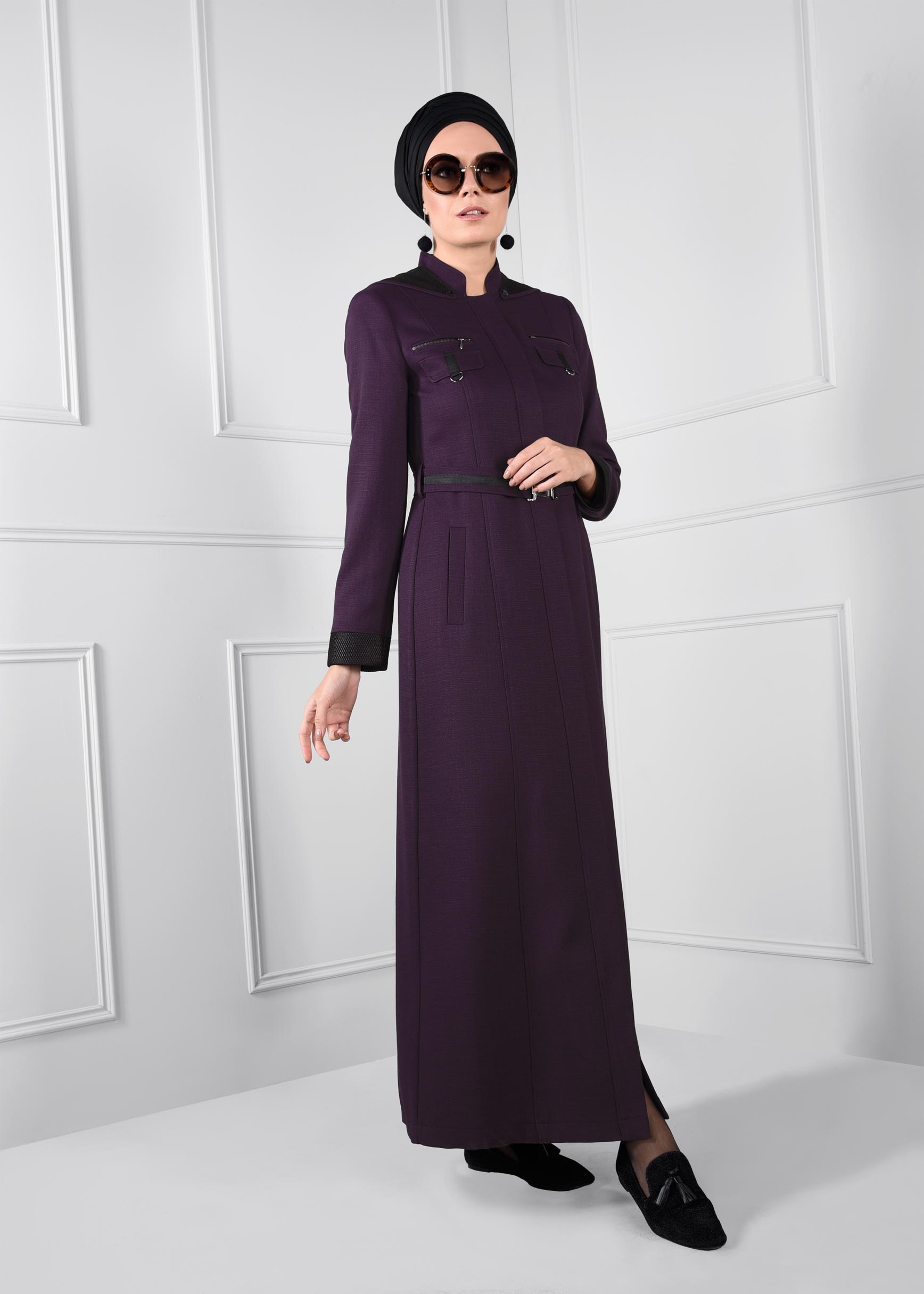 Tesettür giyim MOR KEMERLİ HAKİM YAKA KAPÜŞONLU PARDESÜ 1130