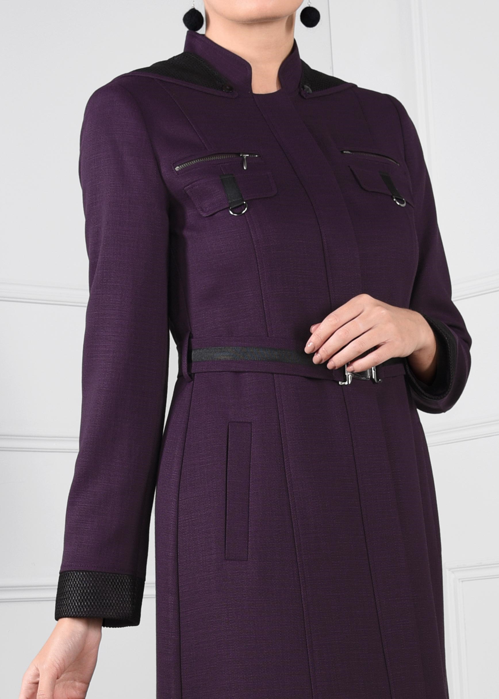 Tesettür giyim MOR KEMERLİ HAKİM YAKA KAPÜŞONLU PARDESÜ 1130