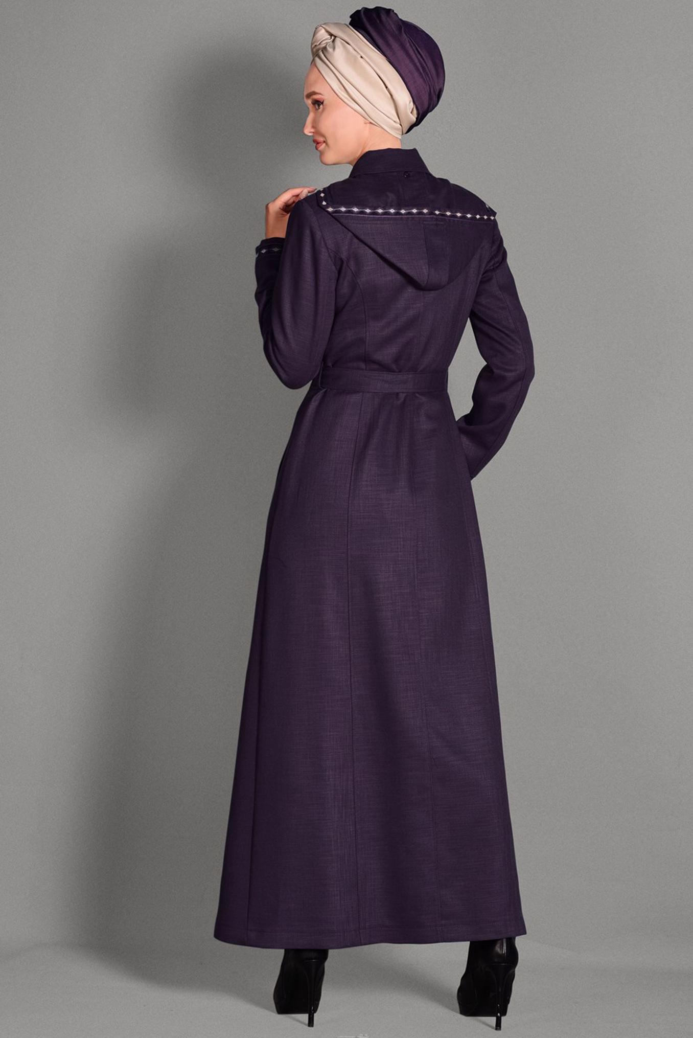 Tesettür giyim MOR KUŞAKLI KAPÜŞONLU PARDESÜ 1131