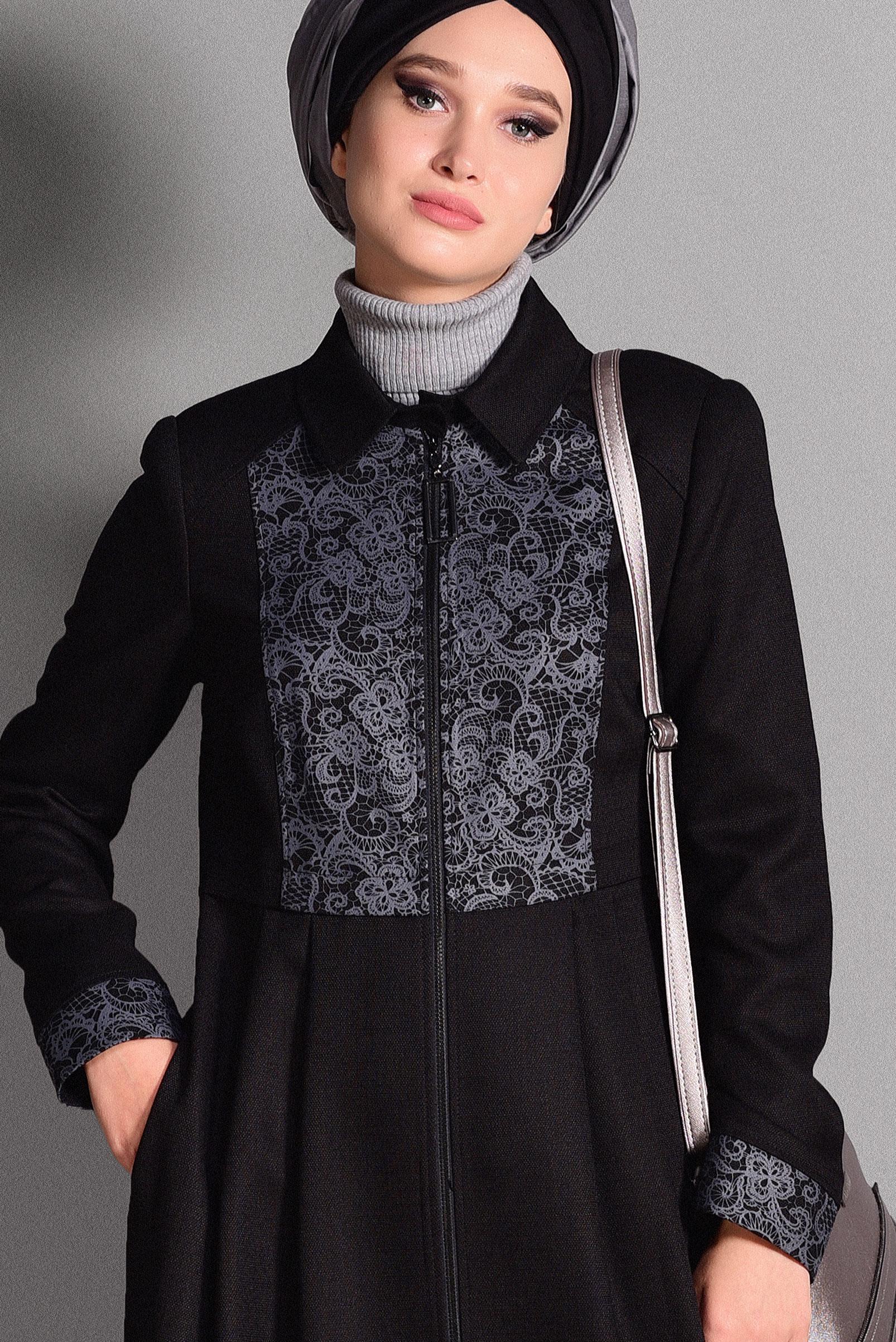 Tesettür giyim SİYAH DANTEL DETAYLI CEPLİ FERMUARLI PARDESÜ 1137