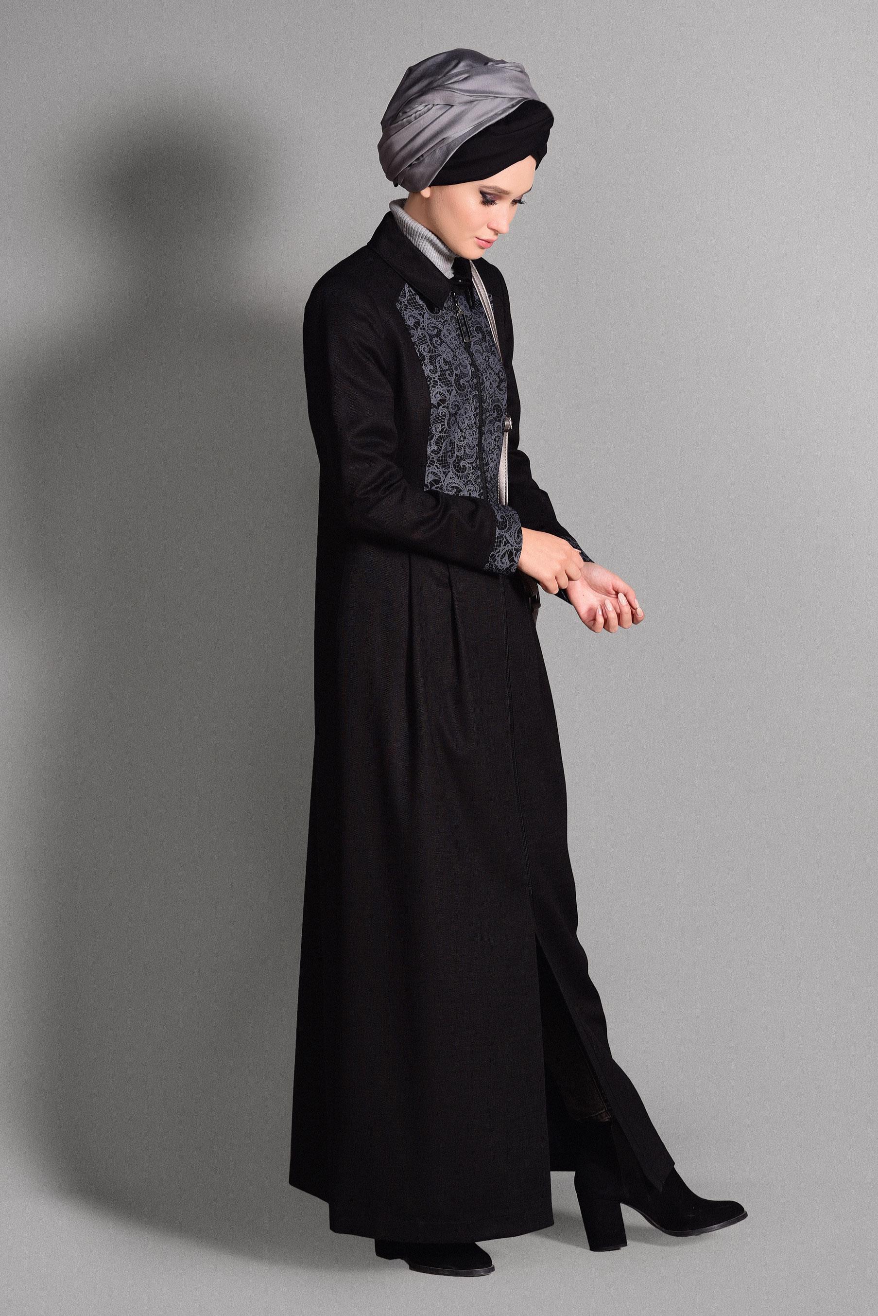 Tesettür giyim SİYAH DANTEL DETAYLI CEPLİ FERMUARLI PARDESÜ 1137