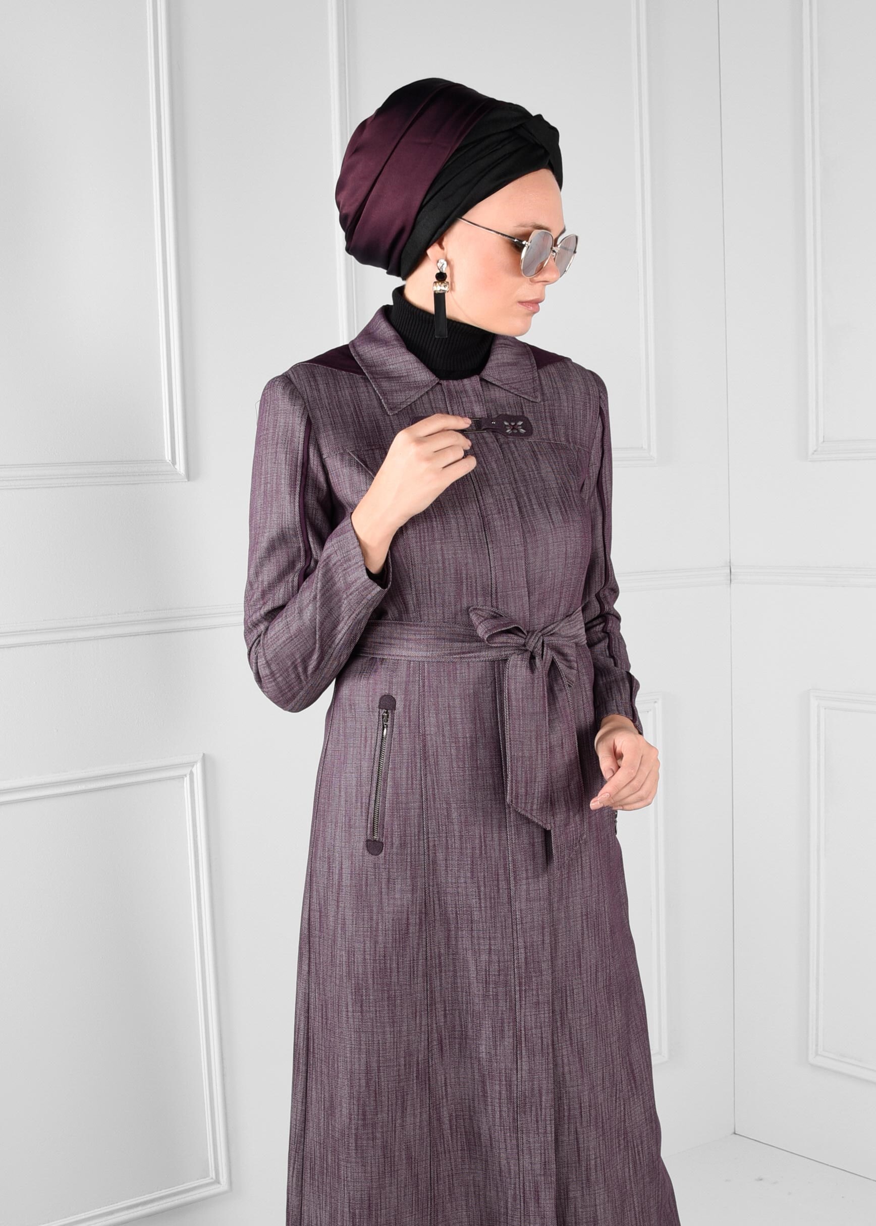 Tesettür giyim MÜRDÜM KUŞAKLI KAPÜŞONLU PARDESÜ 1146