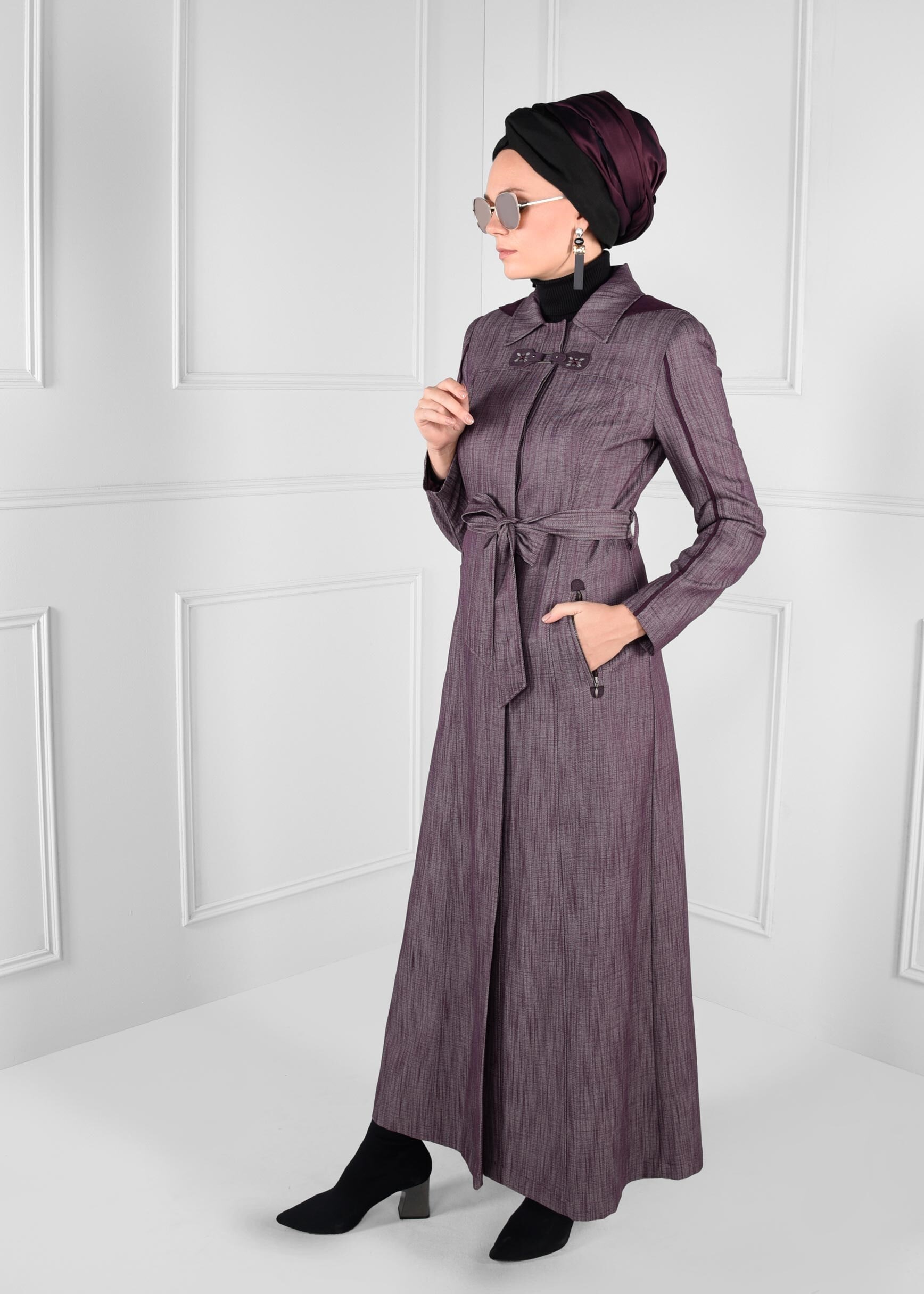 Tesettür giyim MÜRDÜM KUŞAKLI KAPÜŞONLU PARDESÜ 1146