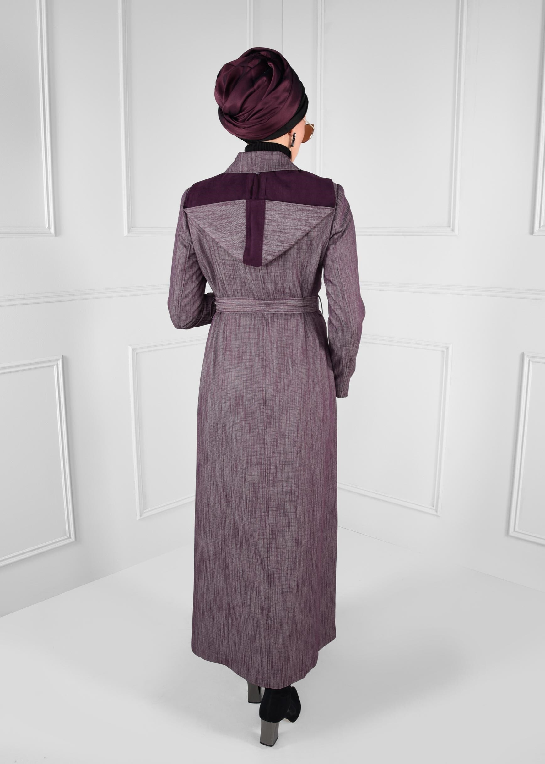 Tesettür giyim MÜRDÜM KUŞAKLI KAPÜŞONLU PARDESÜ 1146