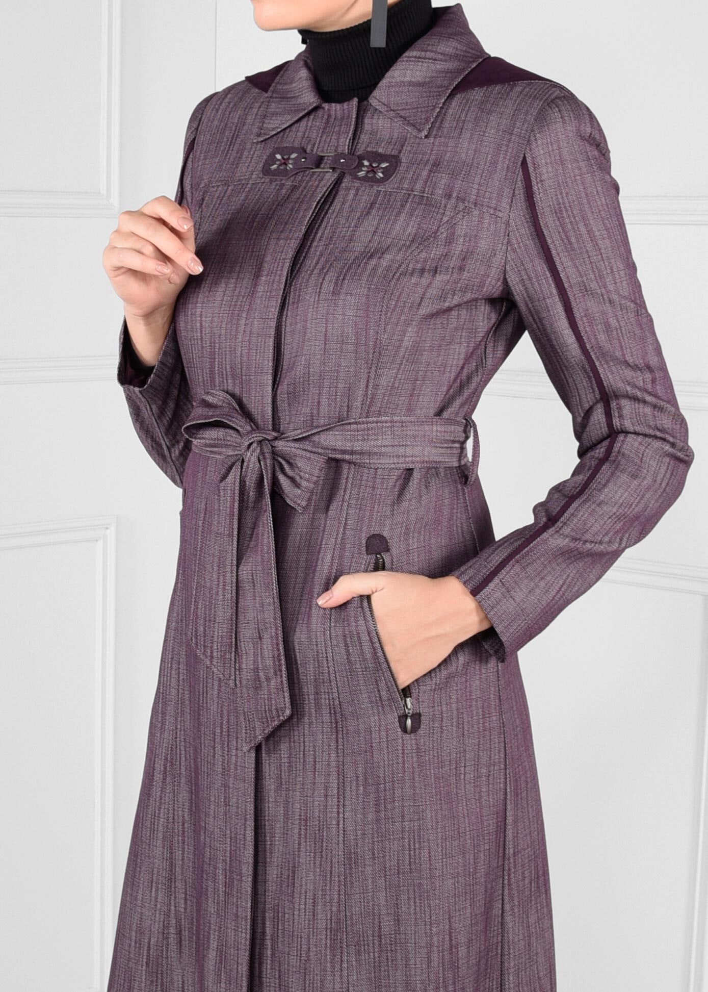 Tesettür giyim MÜRDÜM KUŞAKLI KAPÜŞONLU PARDESÜ 1146