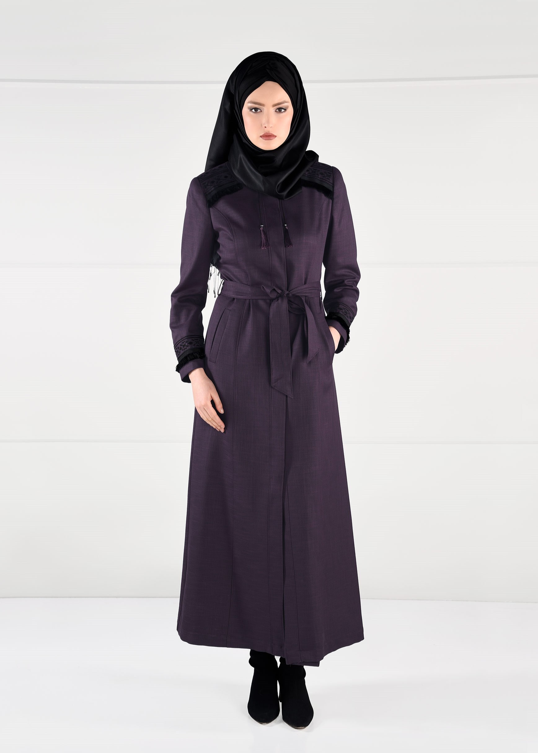 Tesettür giyim MÜRDÜM PÜSKÜLLÜ NAKIŞLI PARDESÜ 1156 