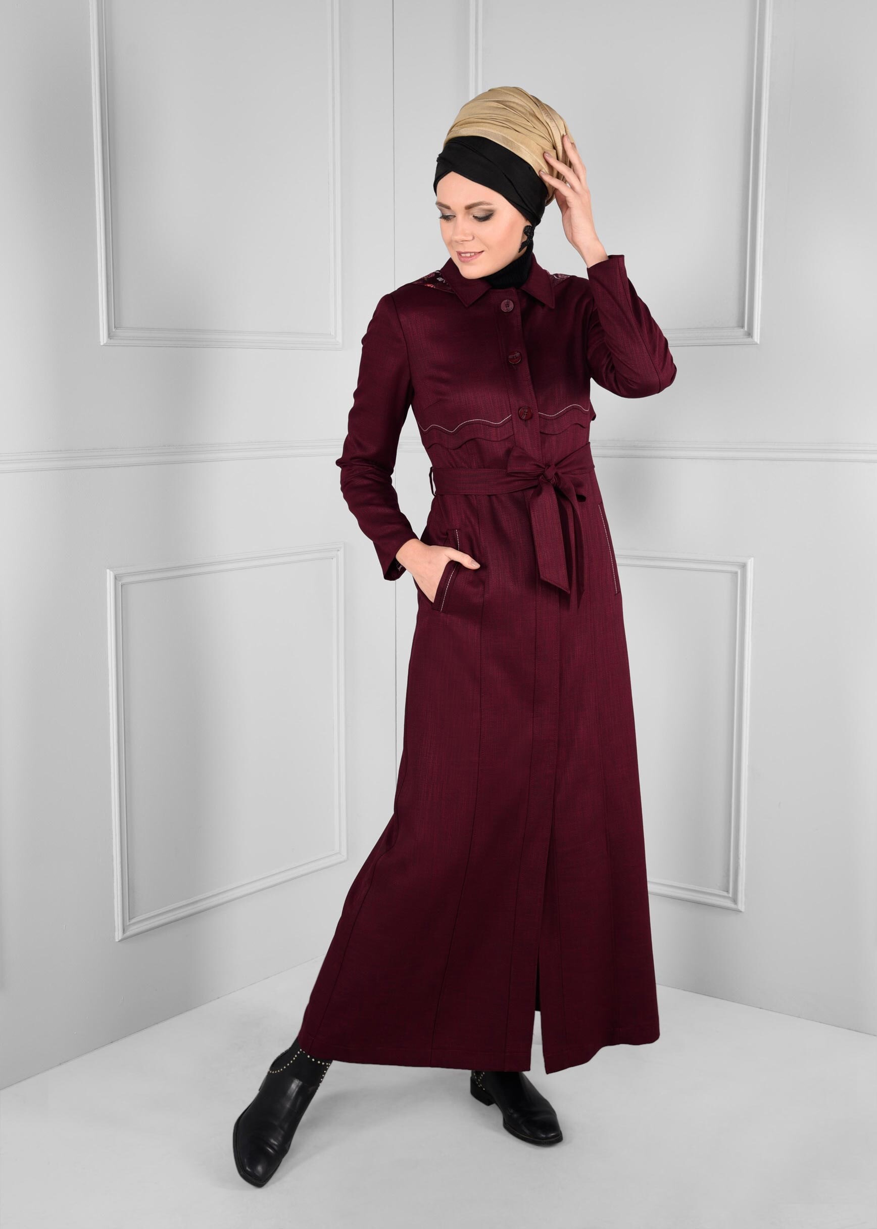 Tesettür giyim BORDO KAPÜŞONLU PARDESÜ 1162