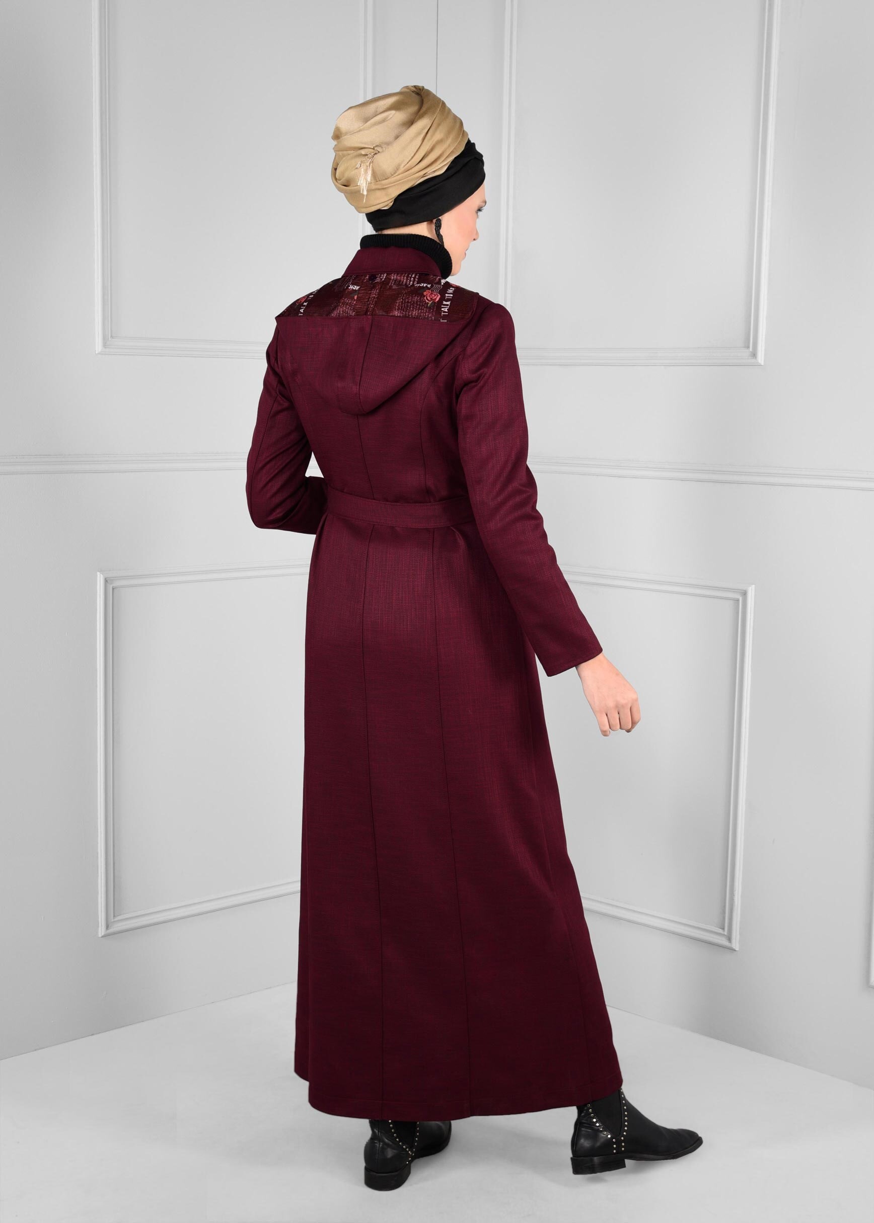 Tesettür giyim BORDO KAPÜŞONLU PARDESÜ 1162