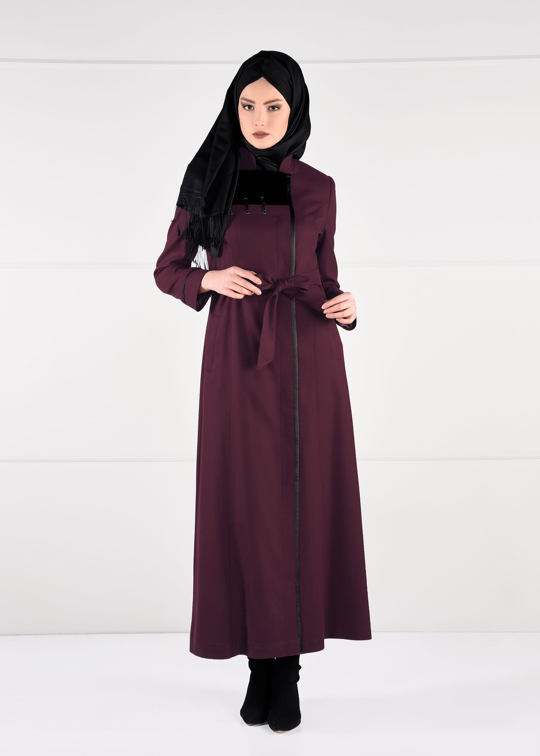 Tesettür giyim BORDO HAKİM YAKA CEPLİ PARDESÜ 1164 