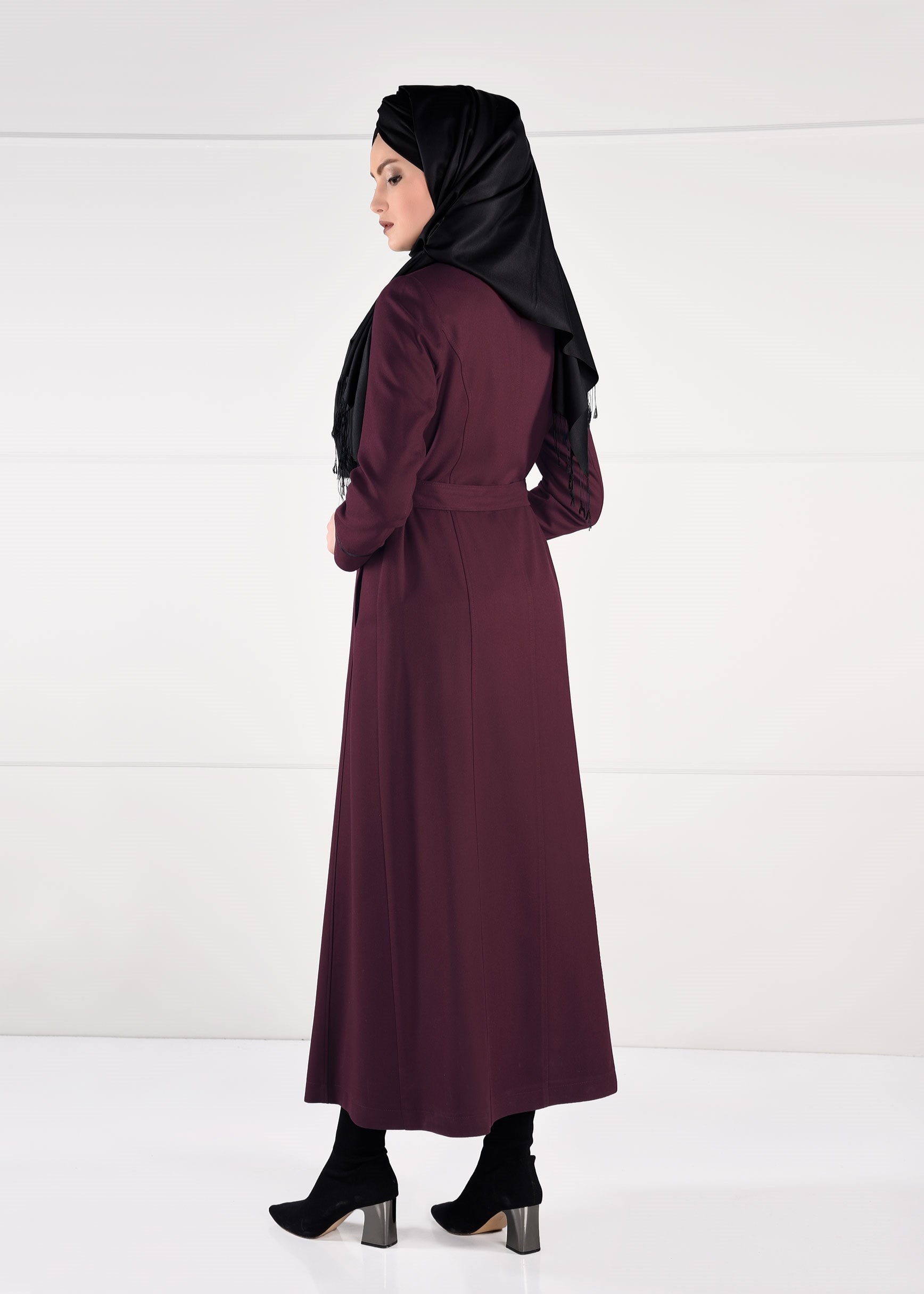 Tesettür giyim BORDO HAKİM YAKA CEPLİ PARDESÜ 1164 