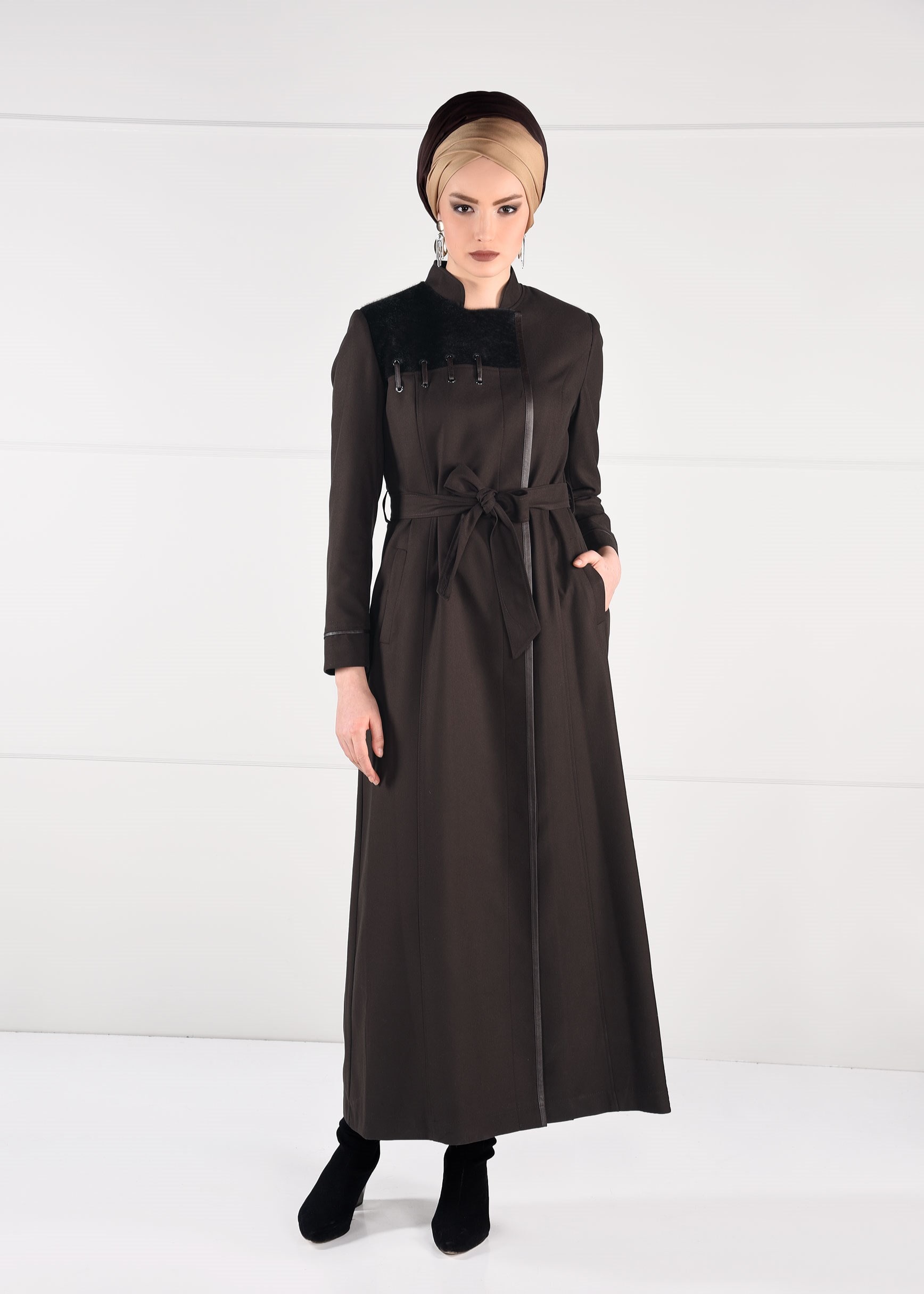 Tesettür giyim KAHVE HAKİM YAKA CEPLİ PARDESÜ 1164 