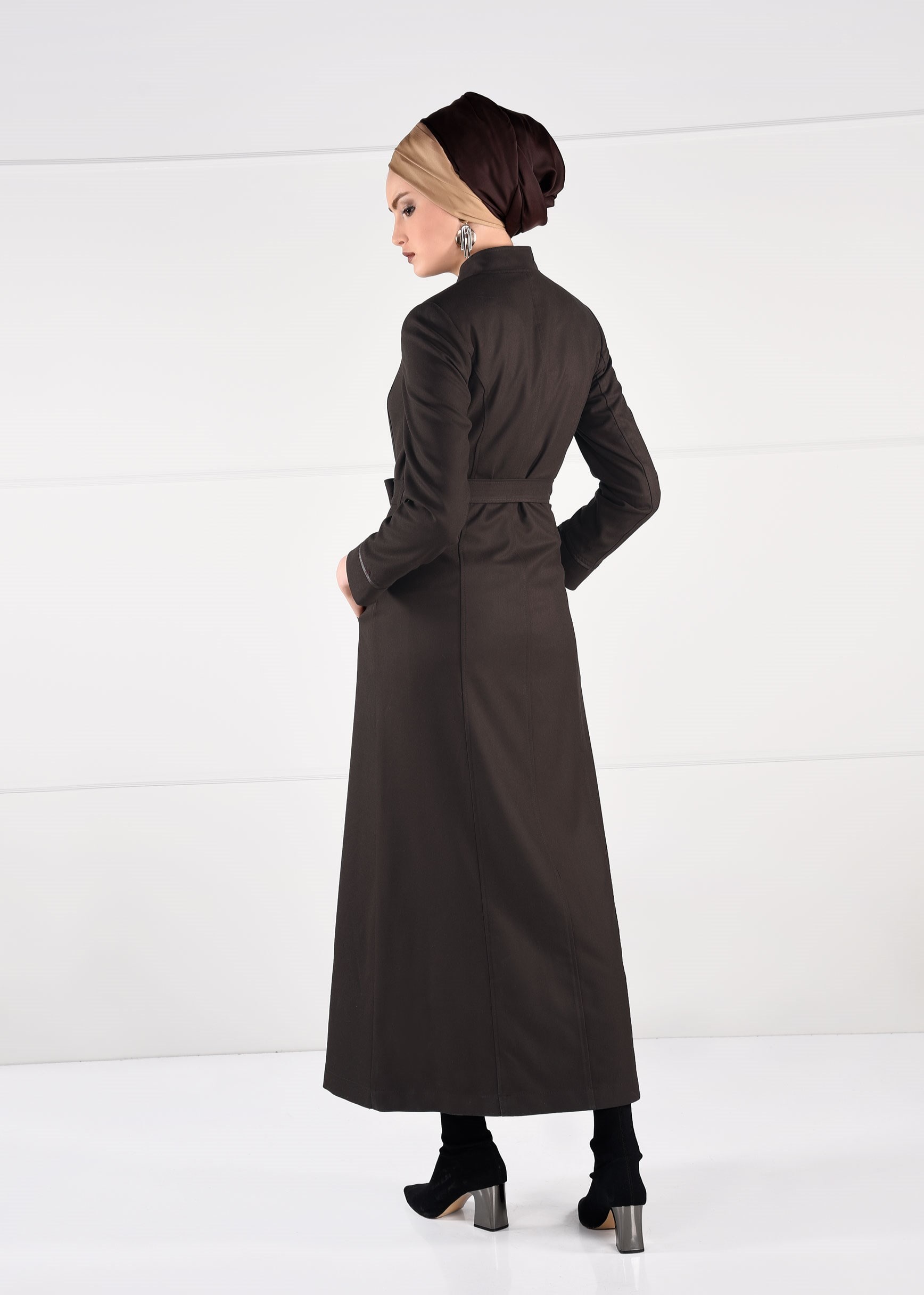Tesettür giyim KAHVE HAKİM YAKA CEPLİ PARDESÜ 1164 