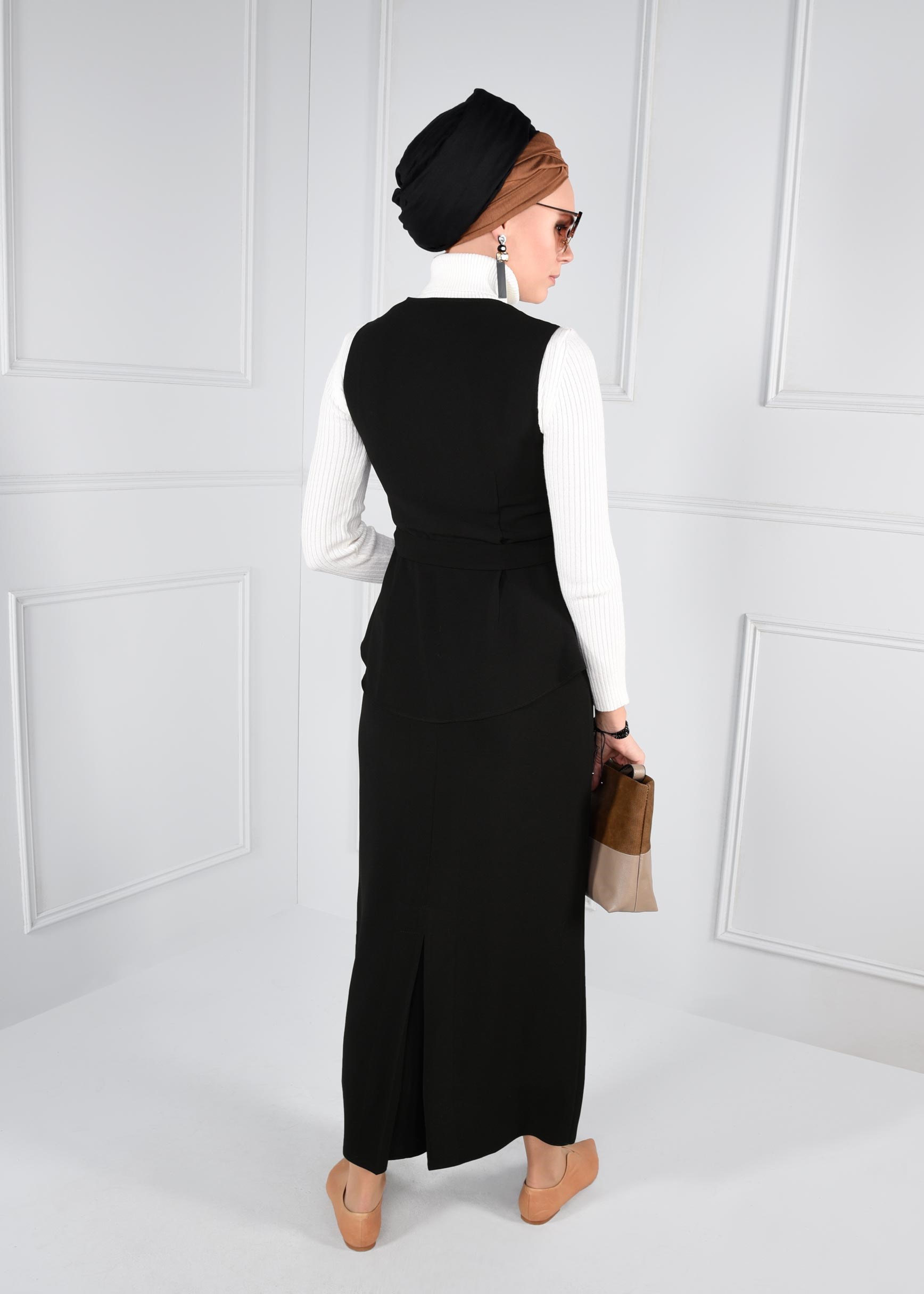 Tesettür giyim SİYAH KEMERLİ FERMUARLI 2Lİ ETEKLİ TAKIM 4721