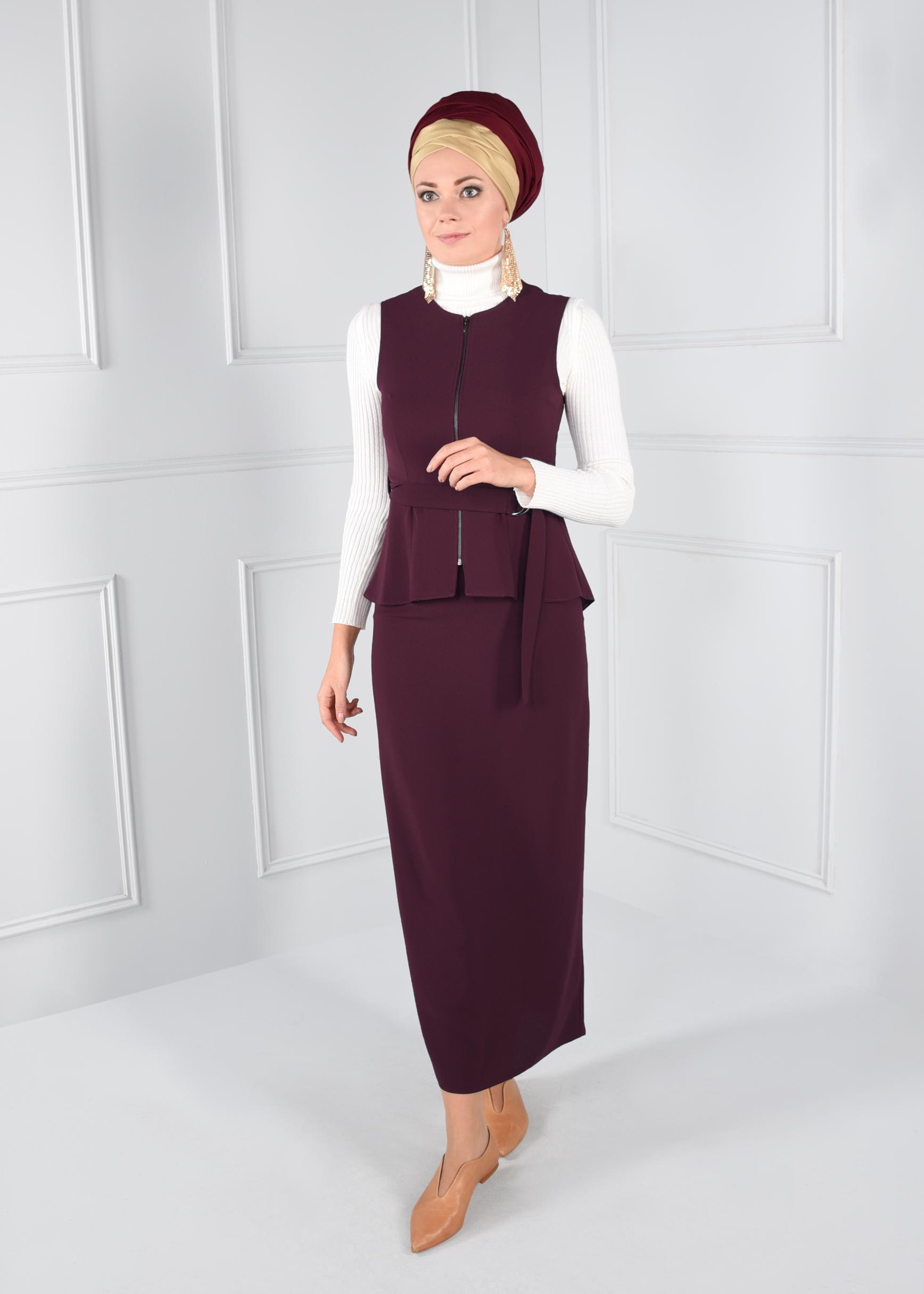 Tesettür giyim MOR KEMERLİ FERMUARLI 2Lİ ETEKLİ TAKIM 4721