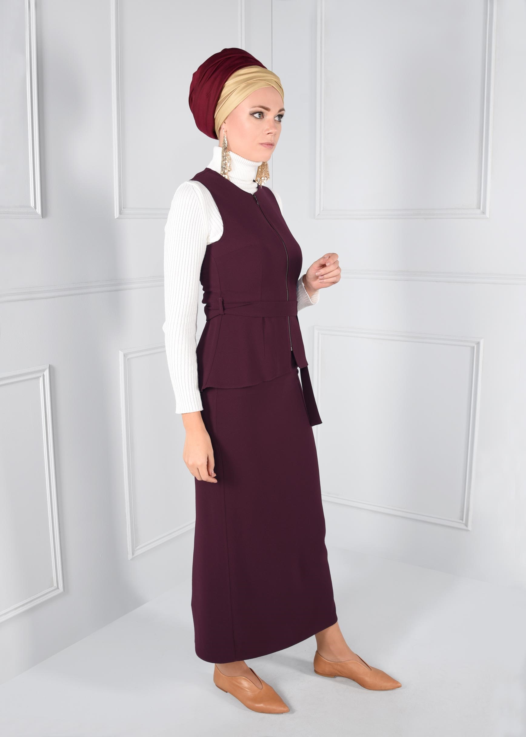 Tesettür giyim MOR KEMERLİ FERMUARLI 2Lİ ETEKLİ TAKIM 4721