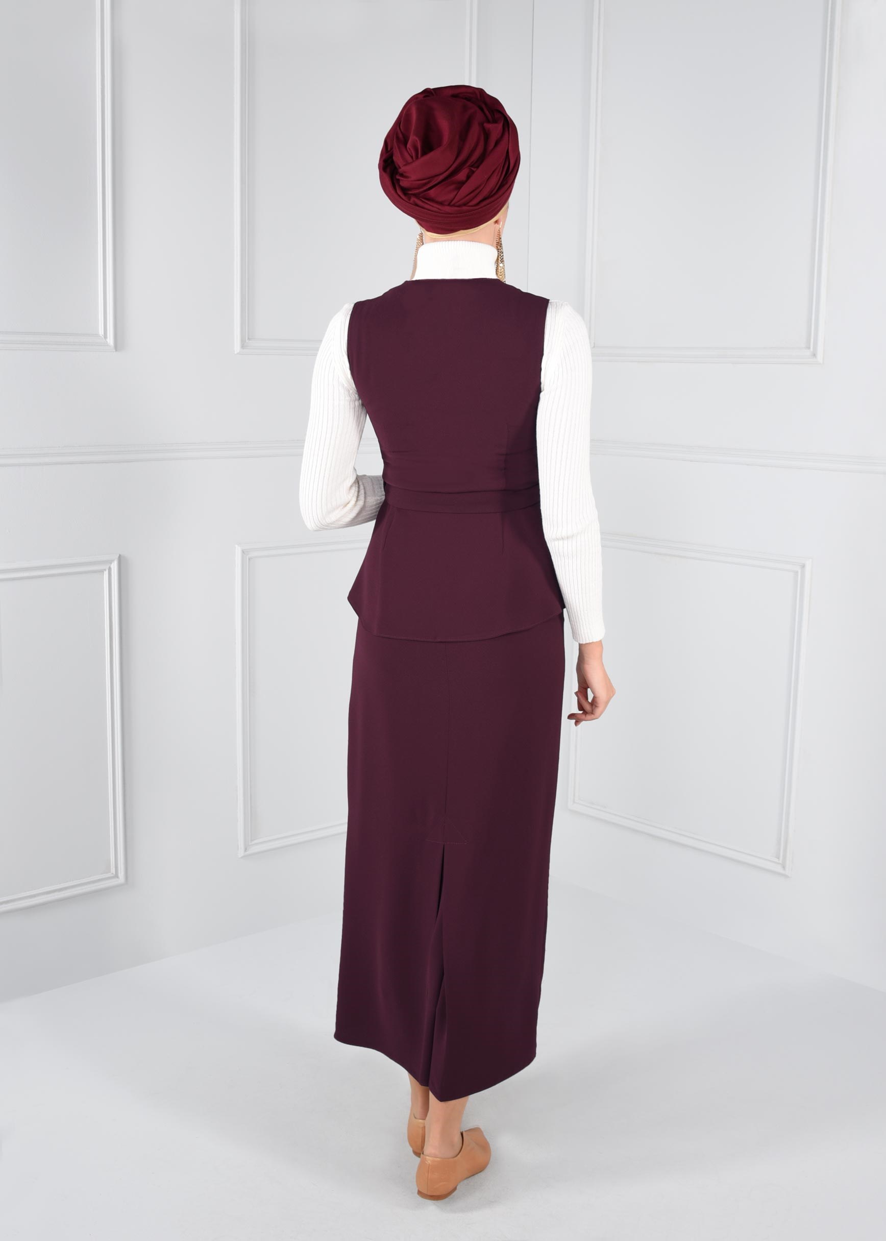 Tesettür giyim MOR KEMERLİ FERMUARLI 2Lİ ETEKLİ TAKIM 4721