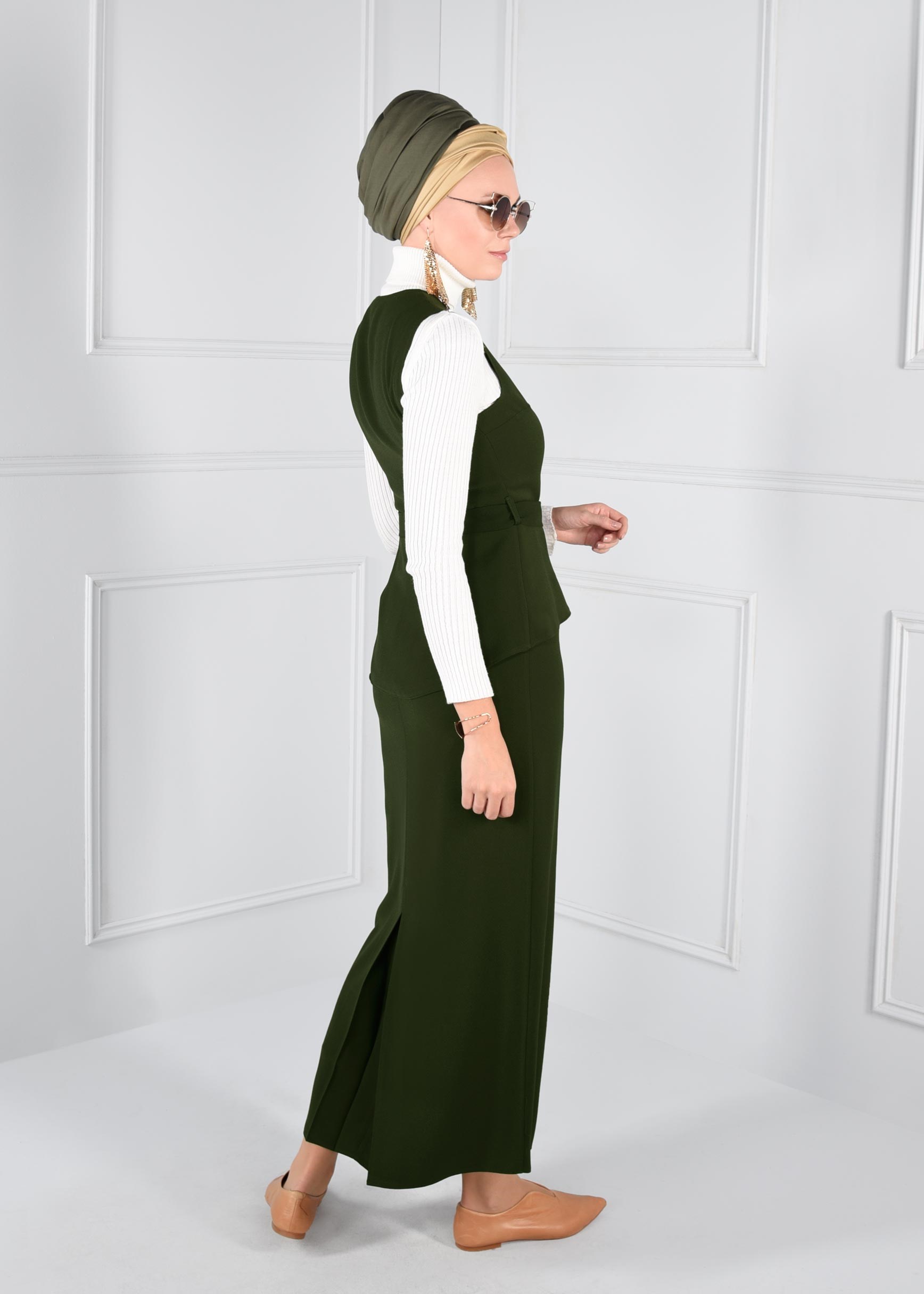 Tesettür giyim HAKİ KEMERLİ FERMUARLI 2Lİ ETEKLİ TAKIM 4721