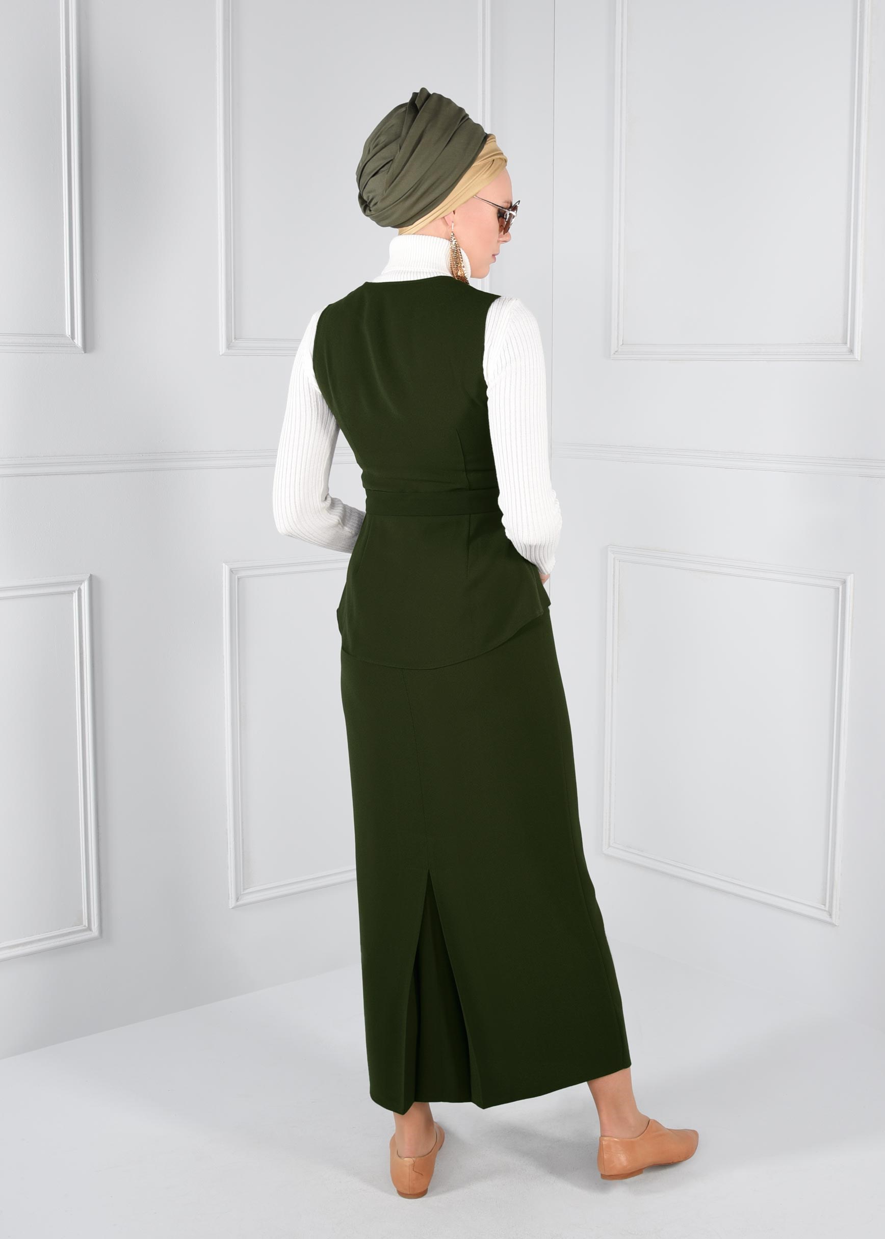 Tesettür giyim HAKİ KEMERLİ FERMUARLI 2Lİ ETEKLİ TAKIM 4721