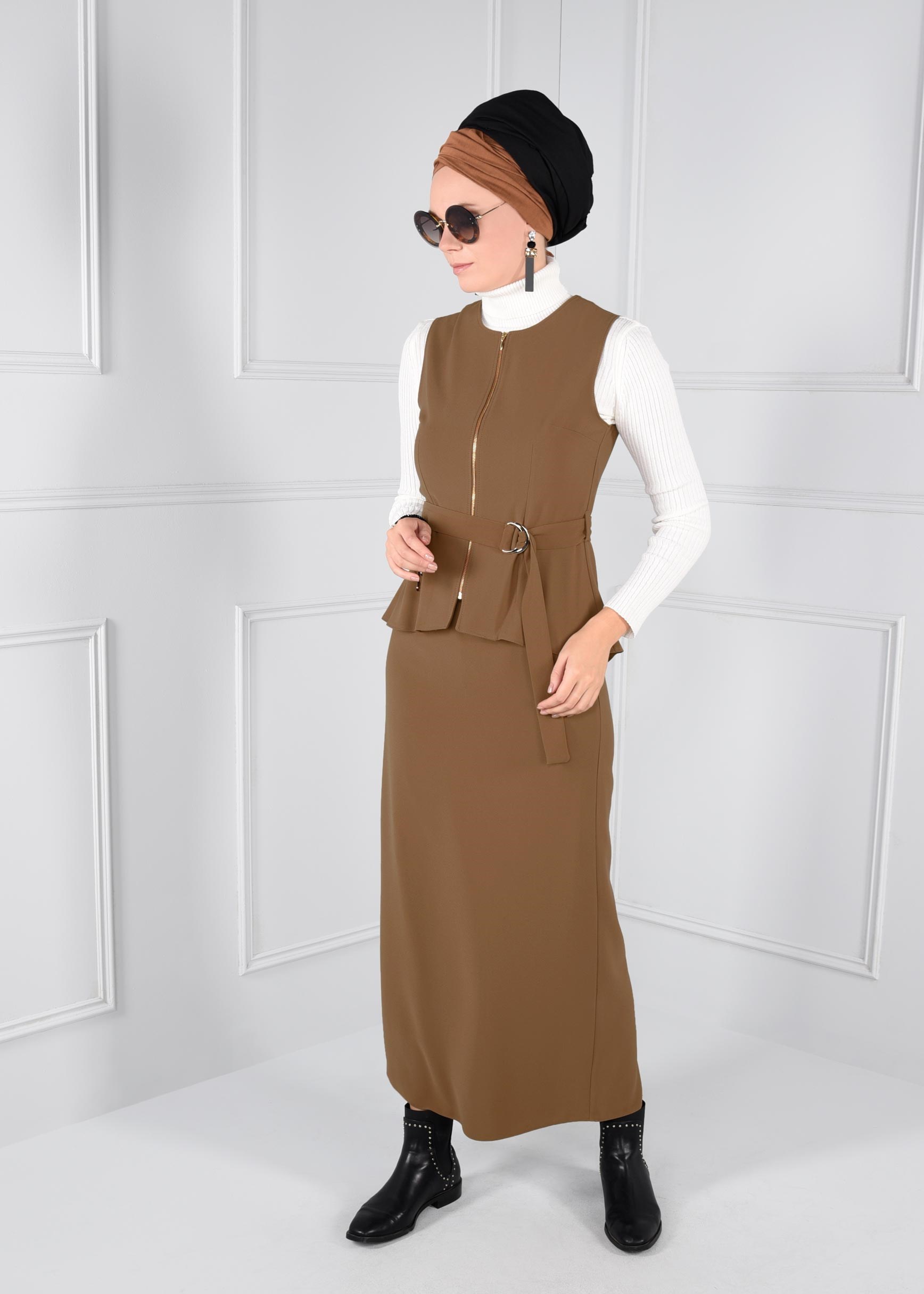 Tesettür giyim KAHVE KEMERLİ FERMUARLI 2Lİ ETEKLİ TAKIM 4721