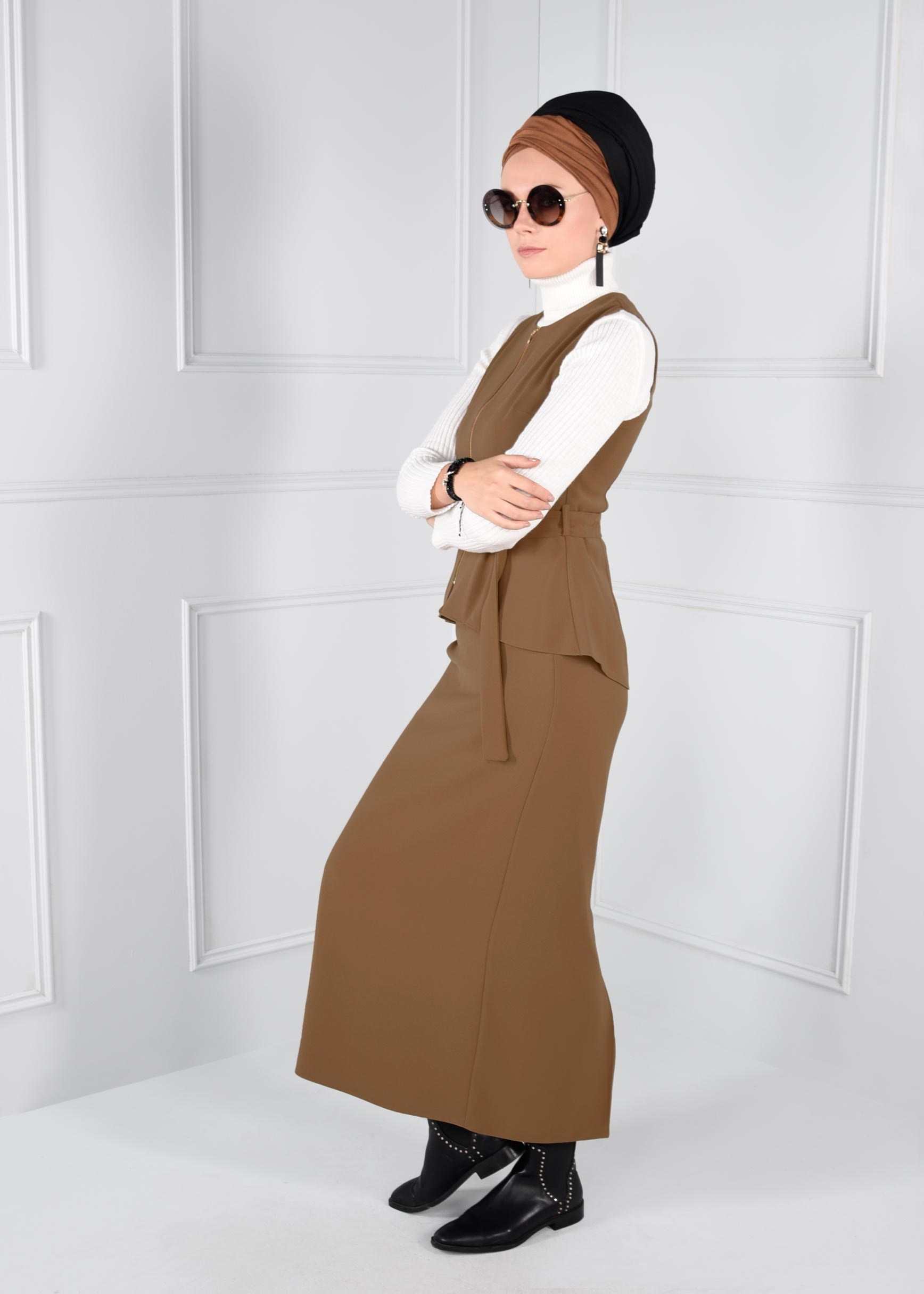 Tesettür giyim KAHVE KEMERLİ FERMUARLI 2Lİ ETEKLİ TAKIM 4721