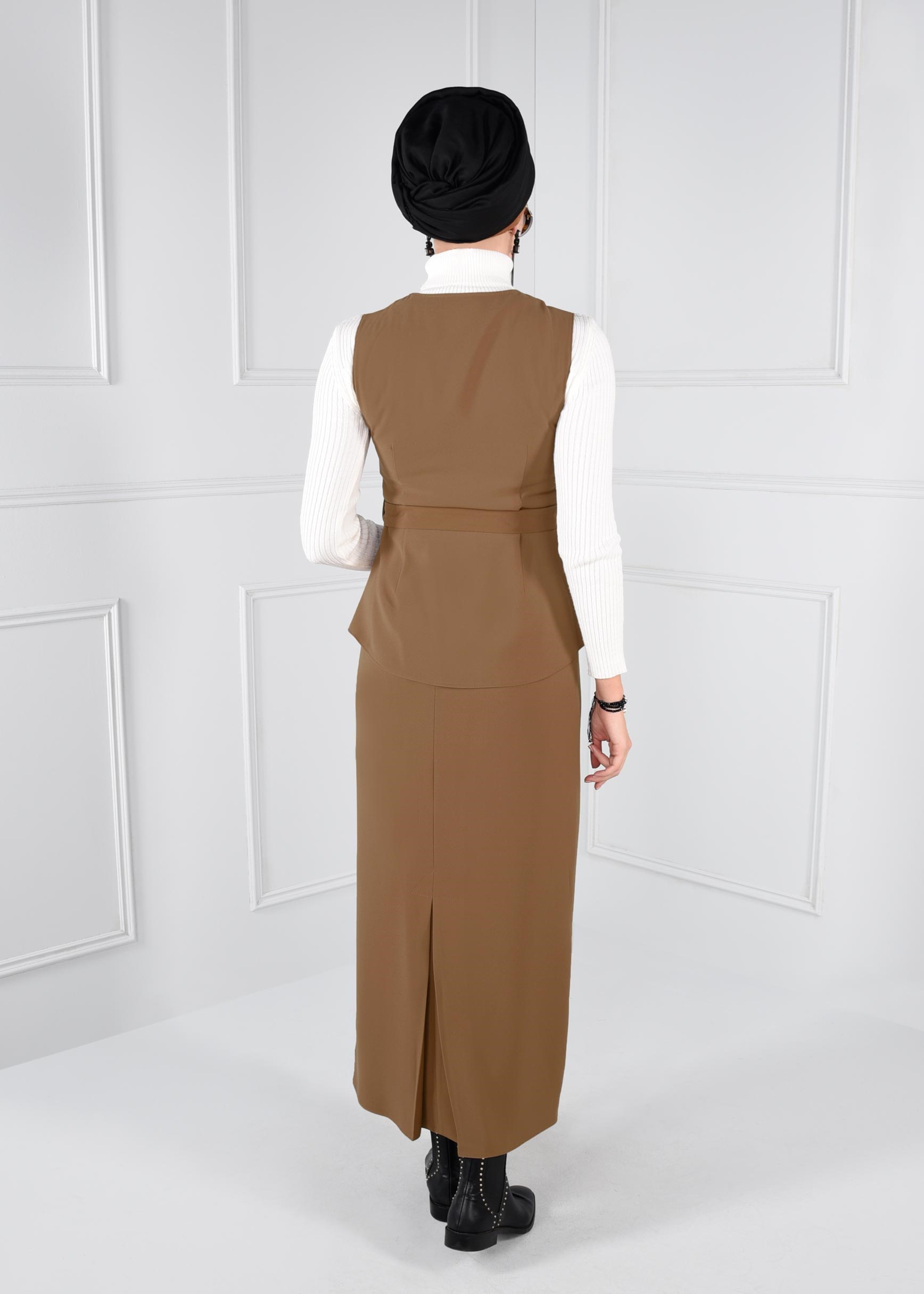 Tesettür giyim KAHVE KEMERLİ FERMUARLI 2Lİ ETEKLİ TAKIM 4721