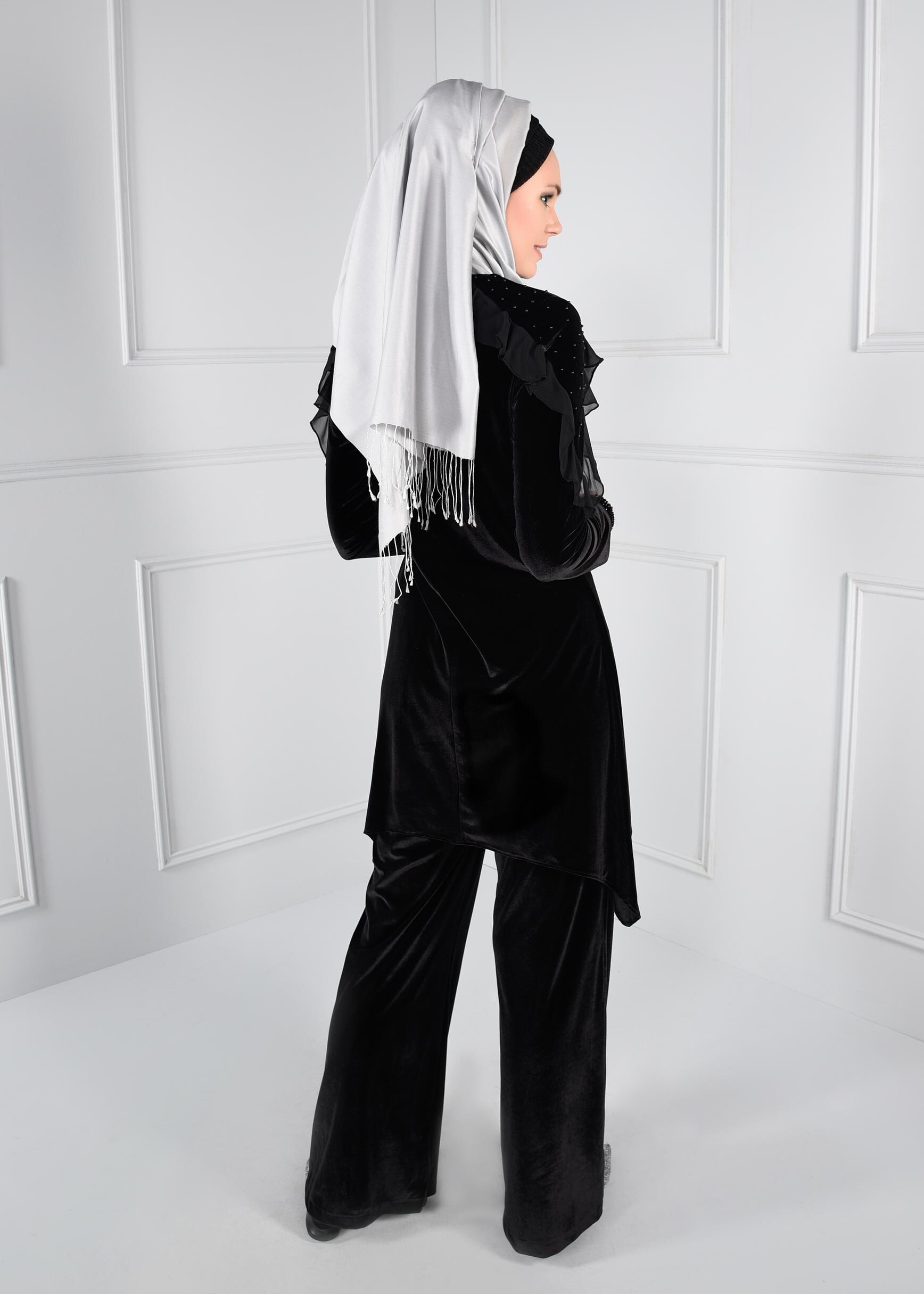 Tesettür giyim SİYAH BONCUK İŞLEMELİ FIRFIRLI ASİMETRİK KESİM 2Lİ PANTOLON TAKIM 4610
