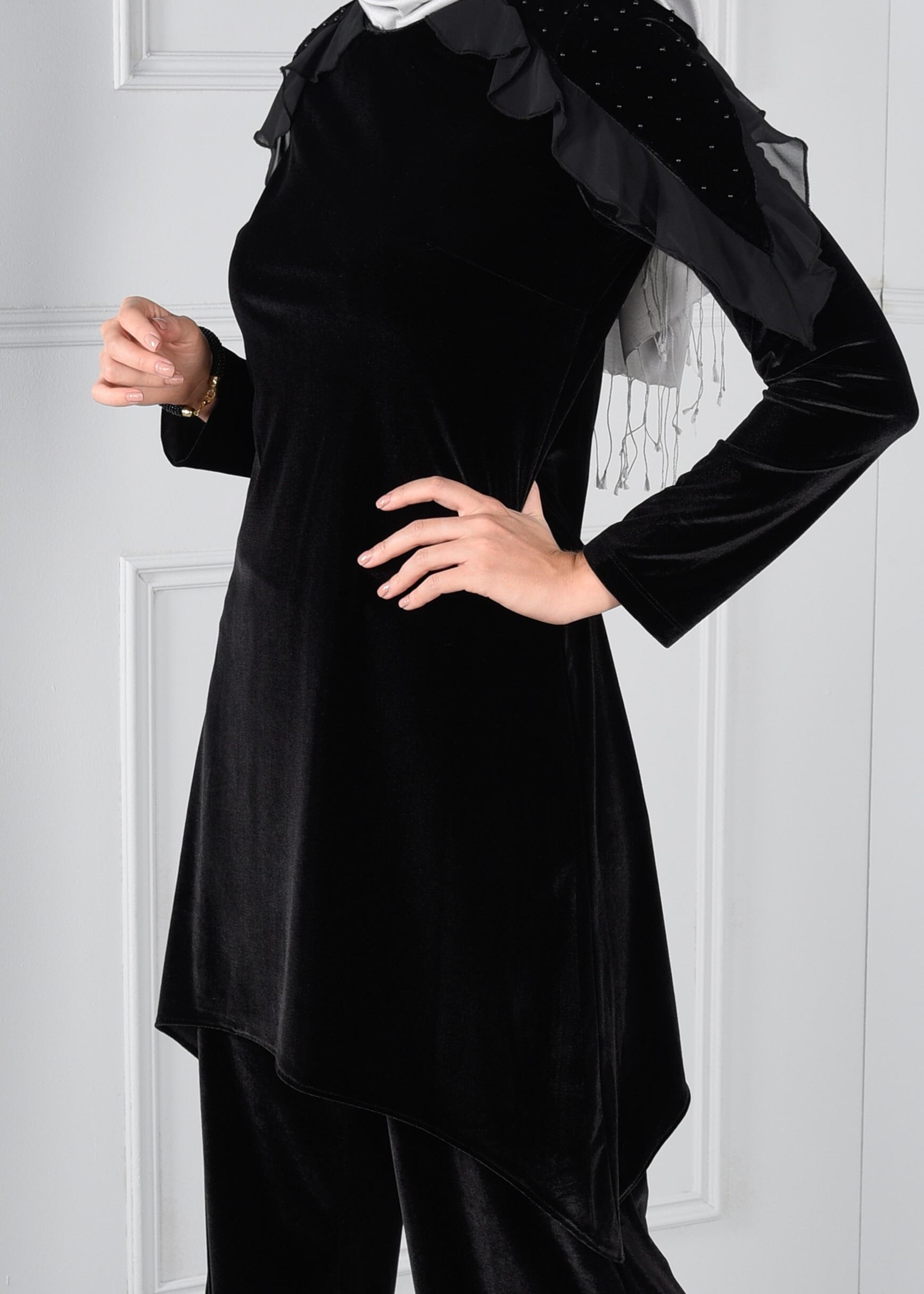 Tesettür giyim SİYAH BONCUK İŞLEMELİ FIRFIRLI ASİMETRİK KESİM 2Lİ PANTOLON TAKIM 4610