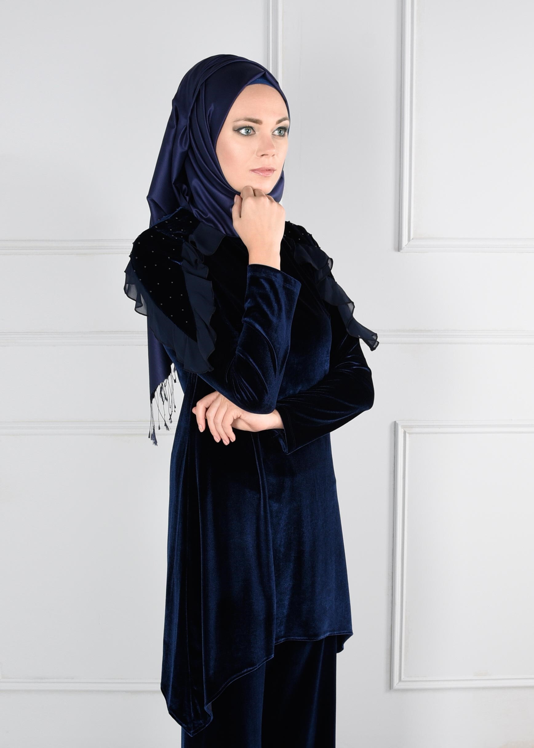 Tesettür giyim LACİVERT BONCUK İŞLEMELİ FIRFIRLI ASİMETRİK KESİM 2Lİ PANTOLON TAKIM 4610