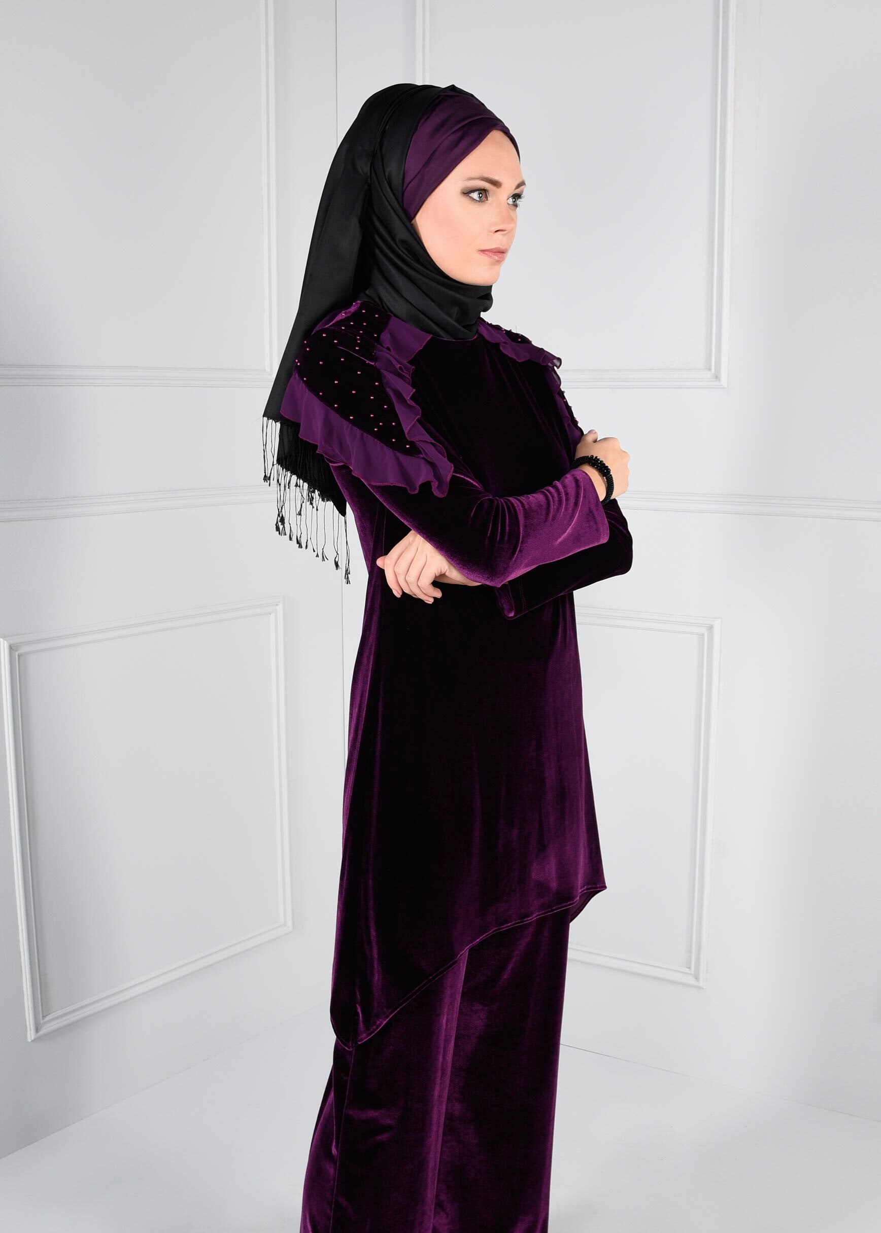 Tesettür giyim MÜRDÜM BONCUK İŞLEMELİ FIRFIRLI ASİMETRİK KESİM 2Lİ PANTOLON TAKIM 4610