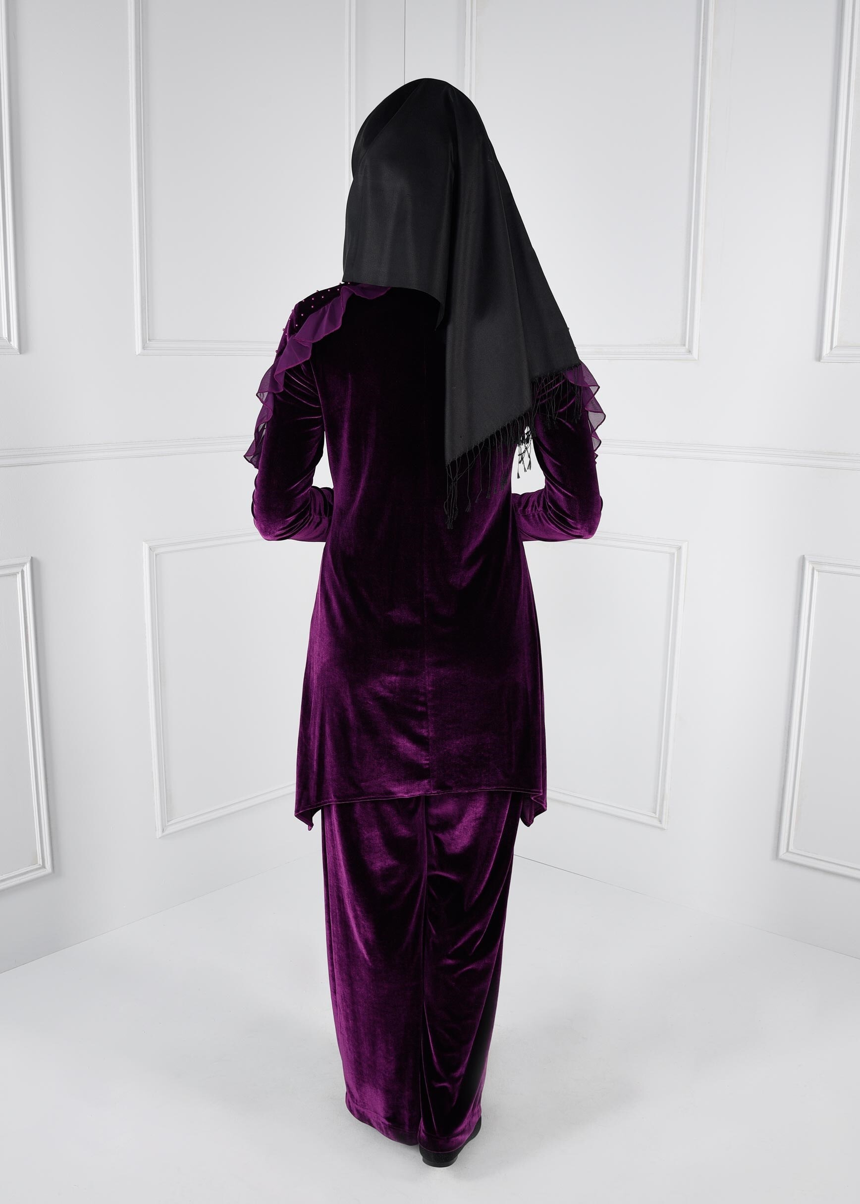 Tesettür giyim MÜRDÜM BONCUK İŞLEMELİ FIRFIRLI ASİMETRİK KESİM 2Lİ PANTOLON TAKIM 4610