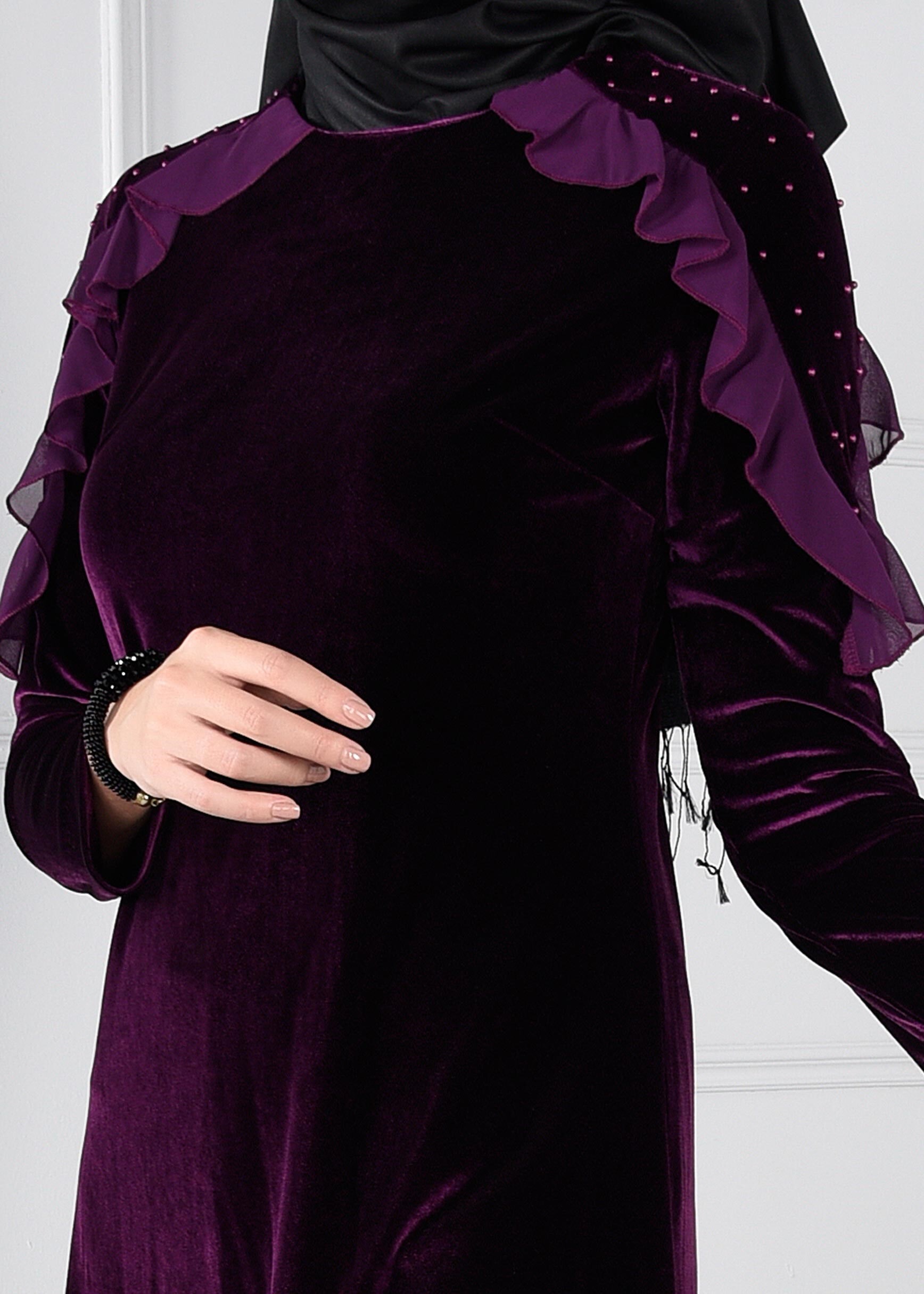 Tesettür giyim MÜRDÜM BONCUK İŞLEMELİ FIRFIRLI ASİMETRİK KESİM 2Lİ PANTOLON TAKIM 4610