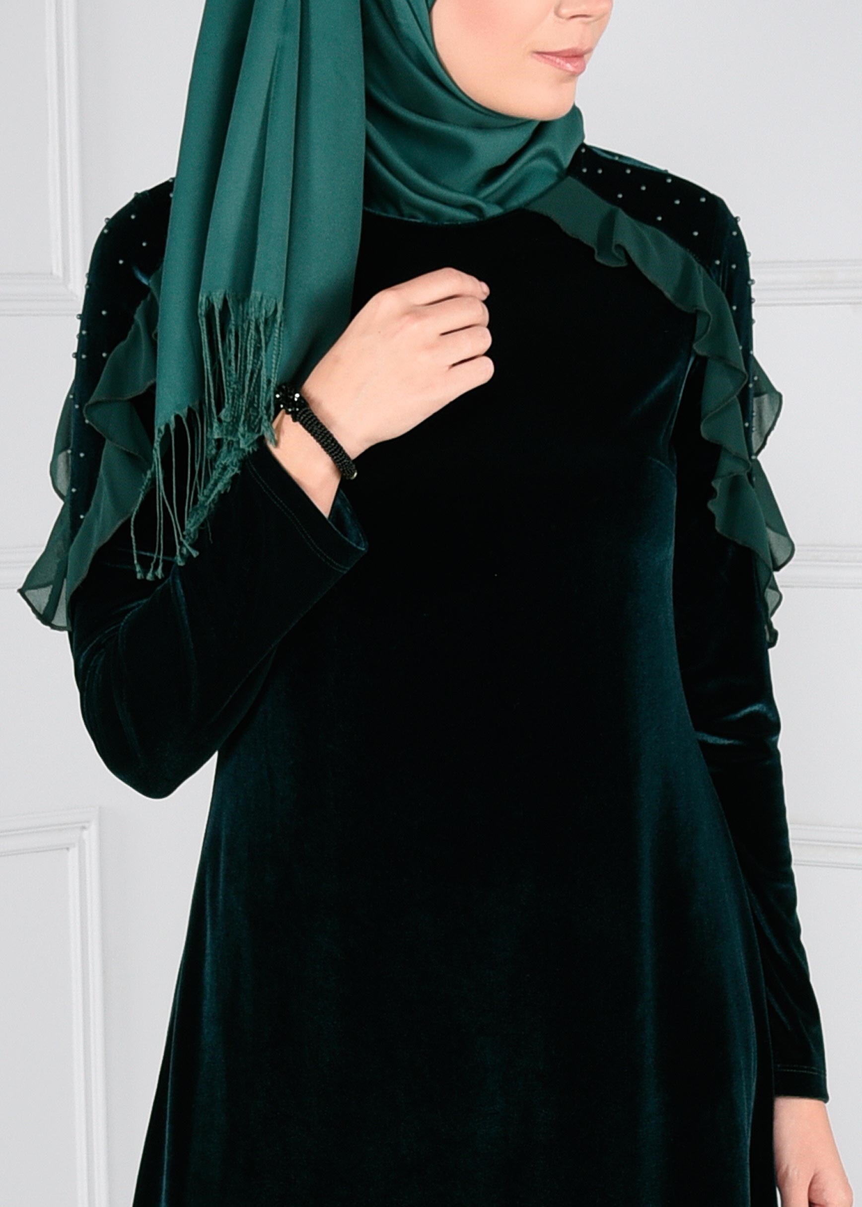 Tesettür giyim YEŞİL BONCUK İŞLEMELİ FIRFIRLI ASİMETRİK KESİM 2Lİ PANTOLON TAKIM 4610