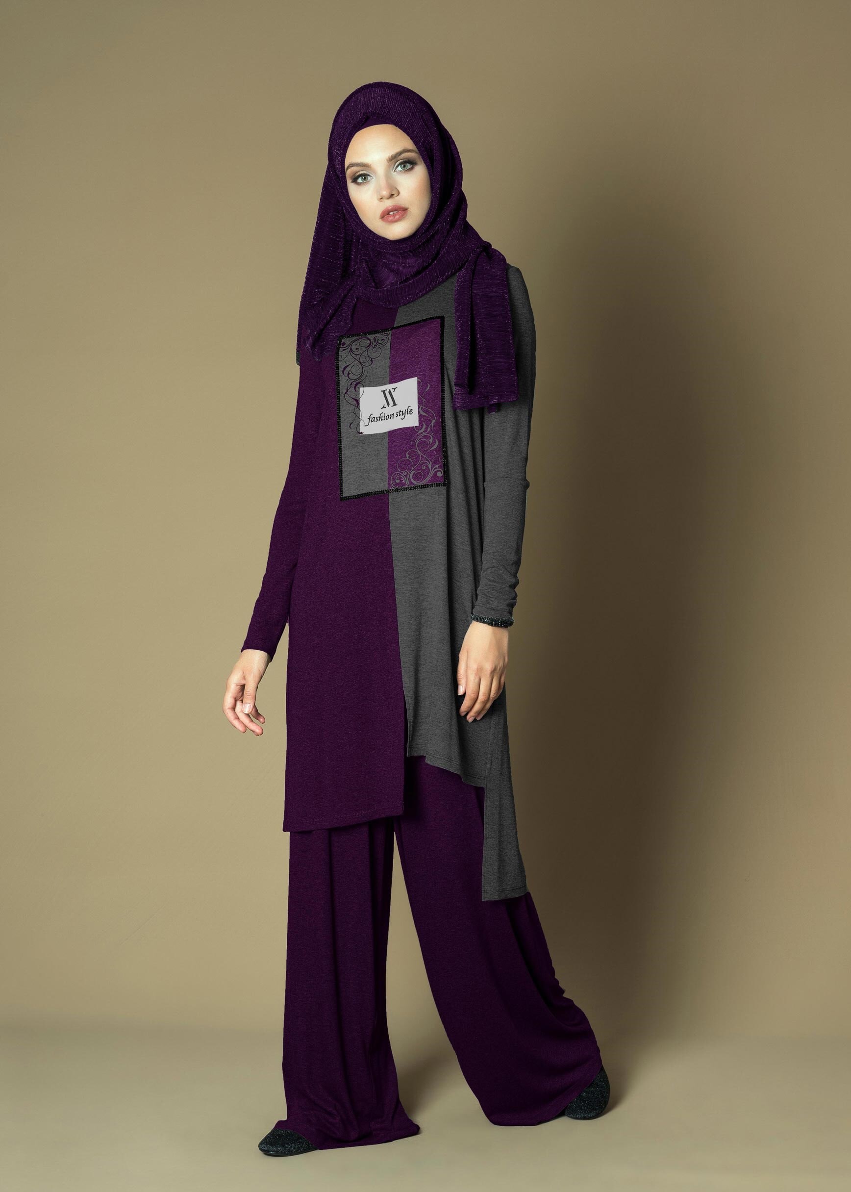 Tesettür giyim MOR ÖNÜ BASKILI ÇİFT RENK SALAŞ 2Lİ PANTOLON TAKIM 4645 