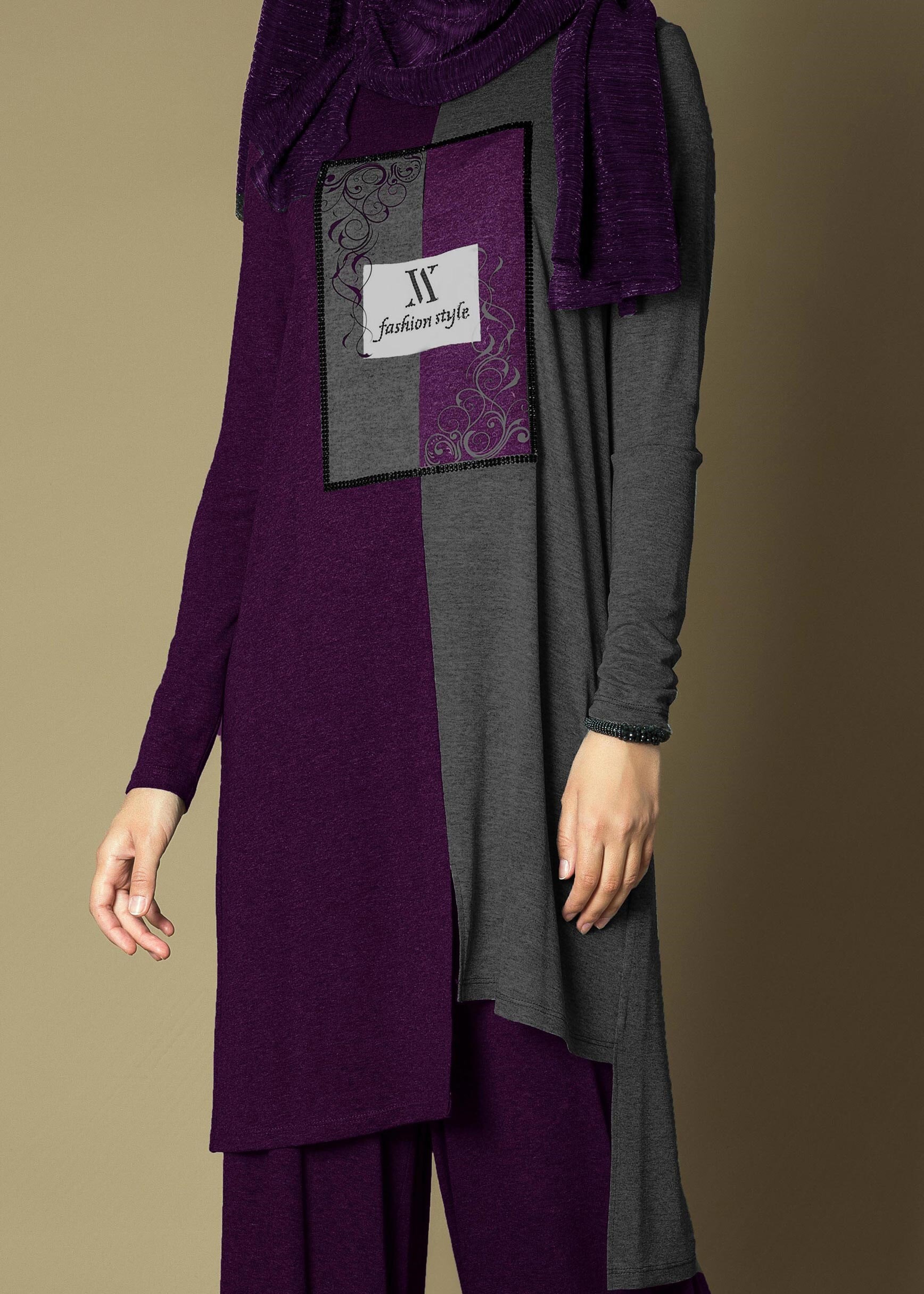 Tesettür giyim MOR ÖNÜ BASKILI ÇİFT RENK SALAŞ 2Lİ PANTOLON TAKIM 4645 