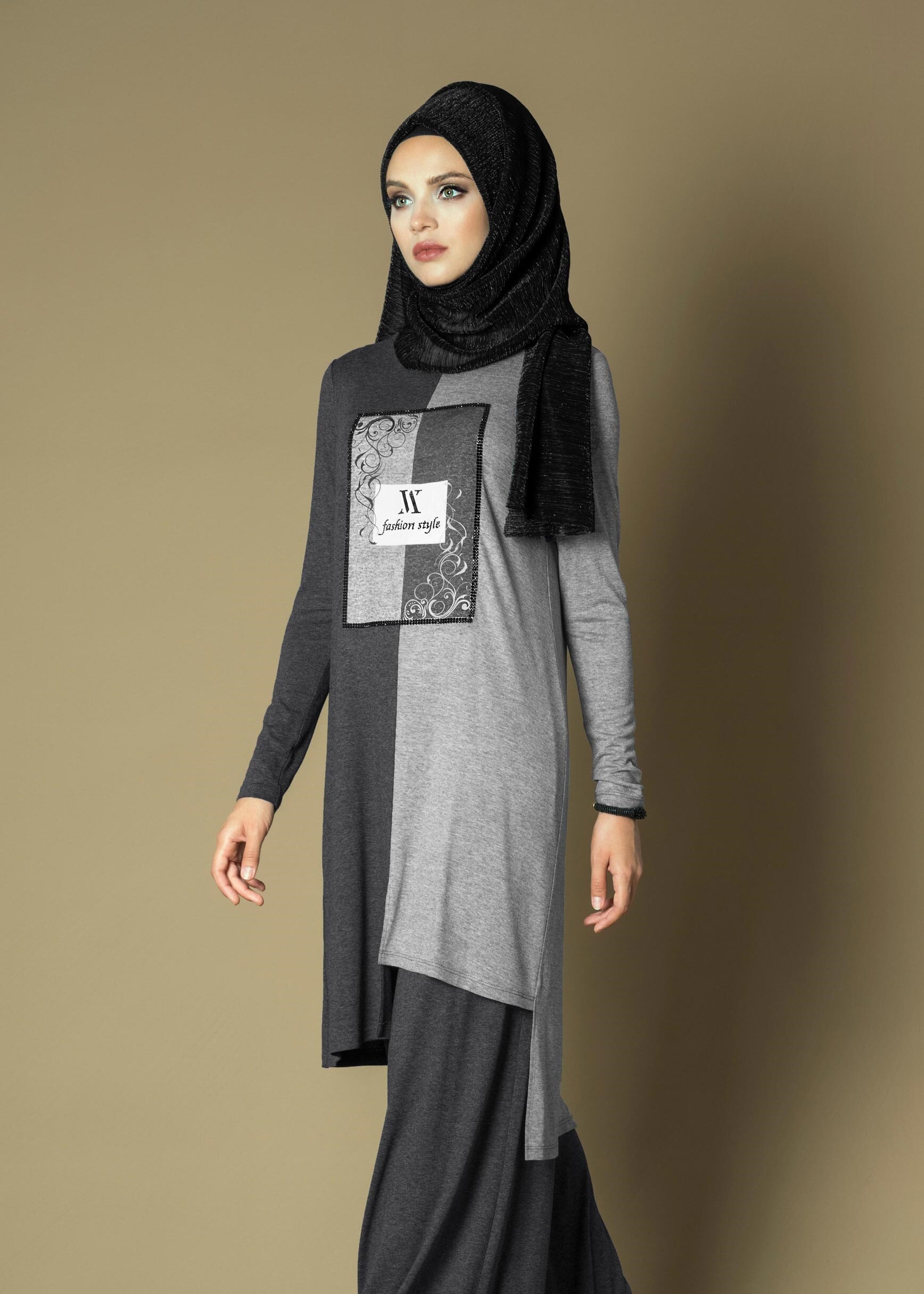 Tesettür giyim GRİ ÖNÜ BASKILI ÇİFT RENK SALAŞ 2Lİ PANTOLON TAKIM 4645 