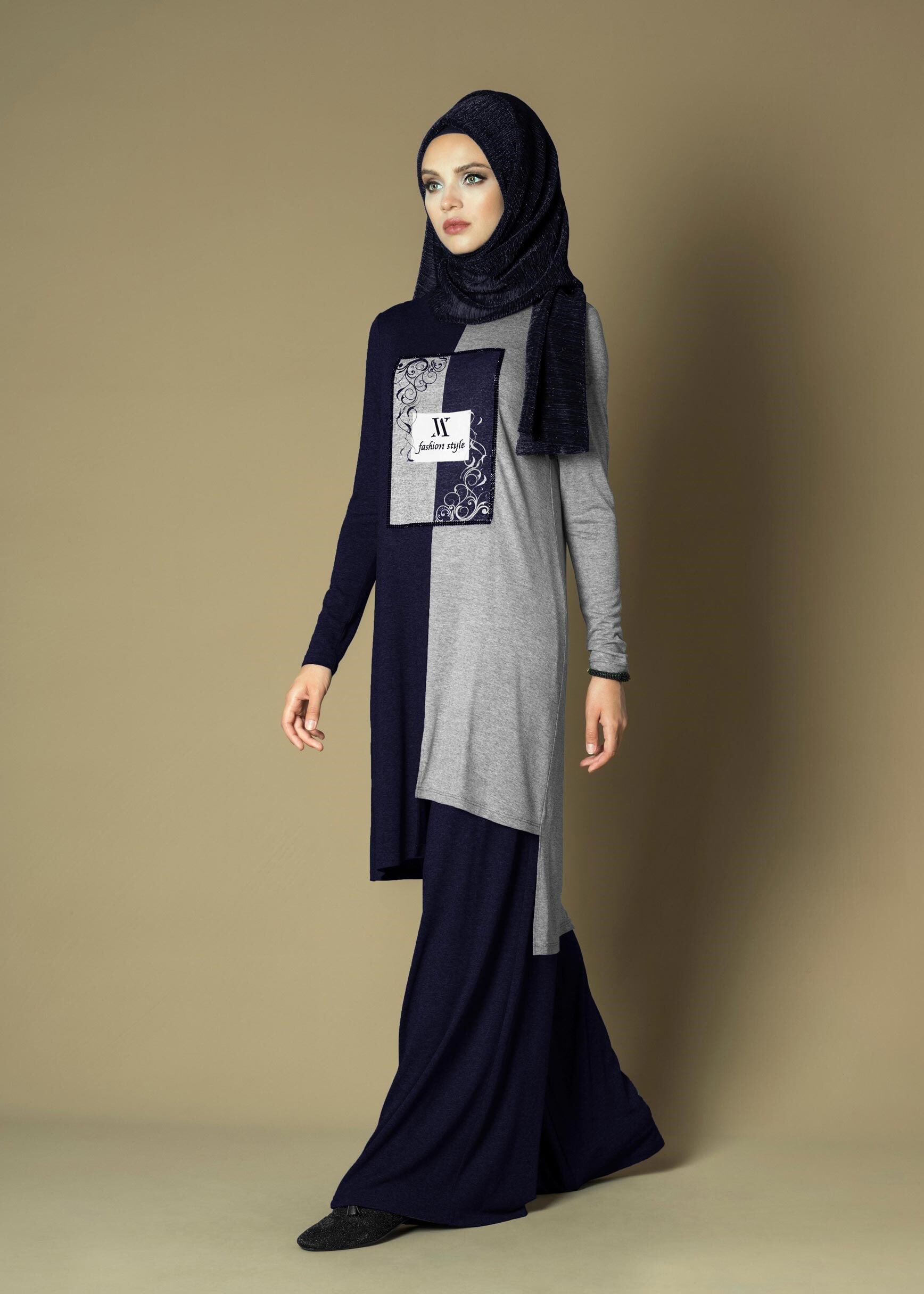 Tesettür giyim LACİVERT ÖNÜ BASKILI ÇİFT RENK SALAŞ 2Lİ PANTOLON TAKIM 4645 