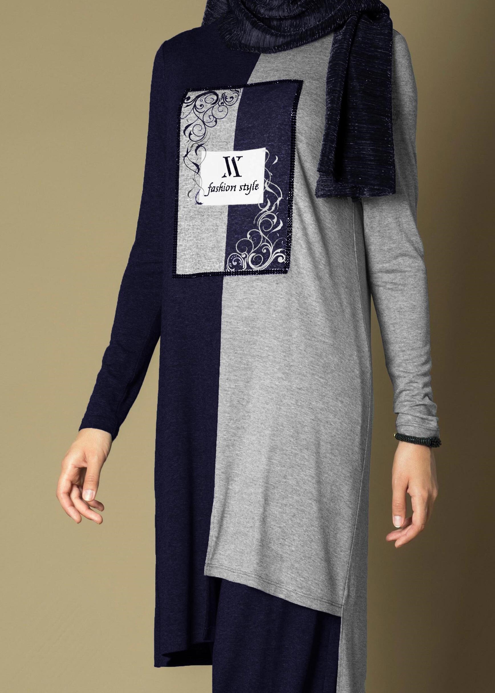 Tesettür giyim LACİVERT ÖNÜ BASKILI ÇİFT RENK SALAŞ 2Lİ PANTOLON TAKIM 4645 