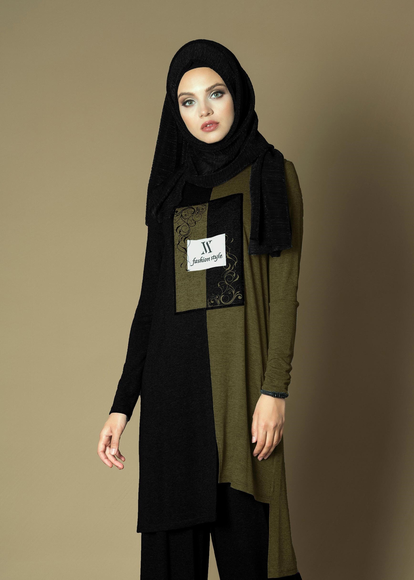 Tesettür giyim SİYAH ÖNÜ BASKILI ÇİFT RENK SALAŞ 2Lİ PANTOLON TAKIM 4645 