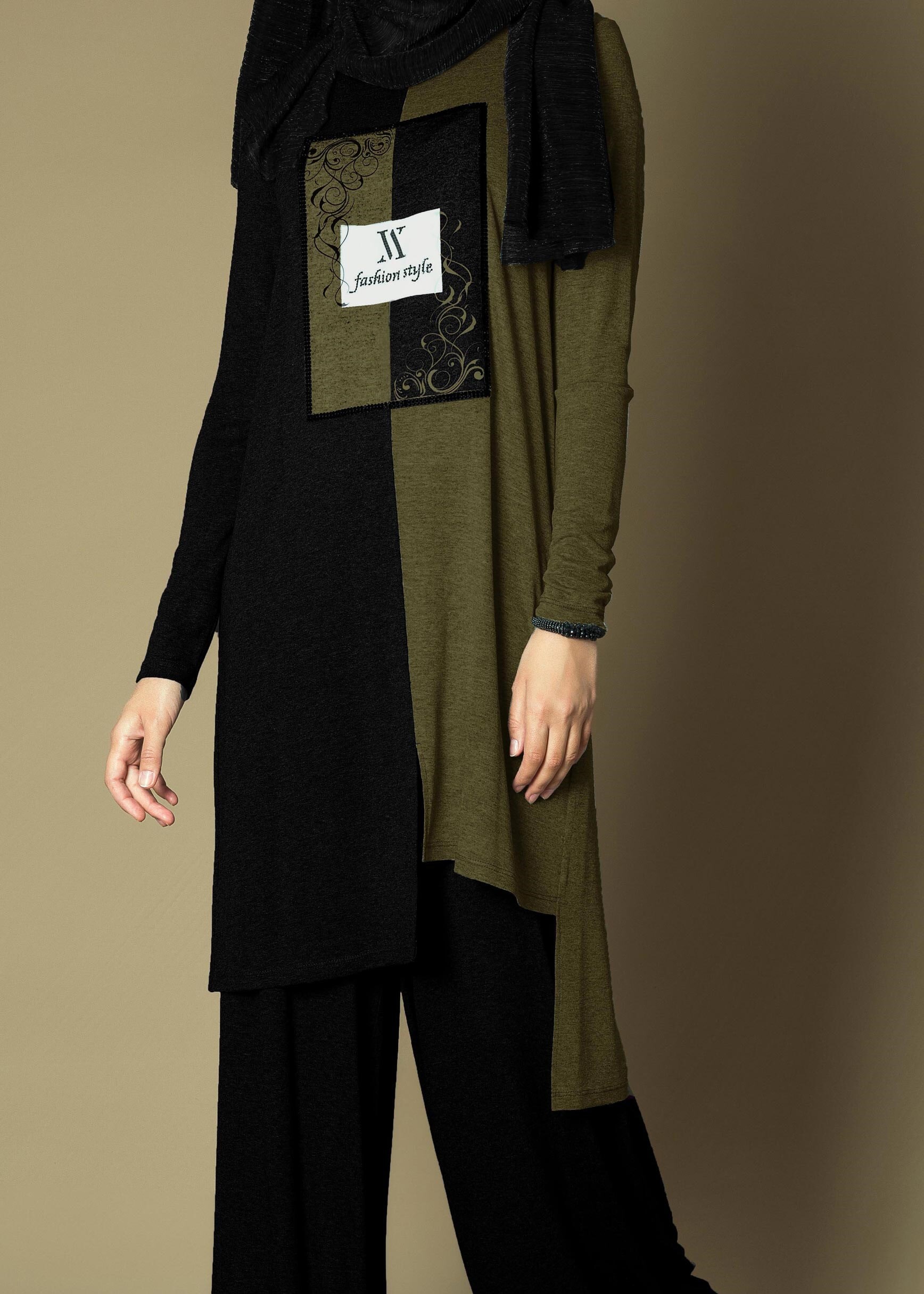 Tesettür giyim SİYAH ÖNÜ BASKILI ÇİFT RENK SALAŞ 2Lİ PANTOLON TAKIM 4645 