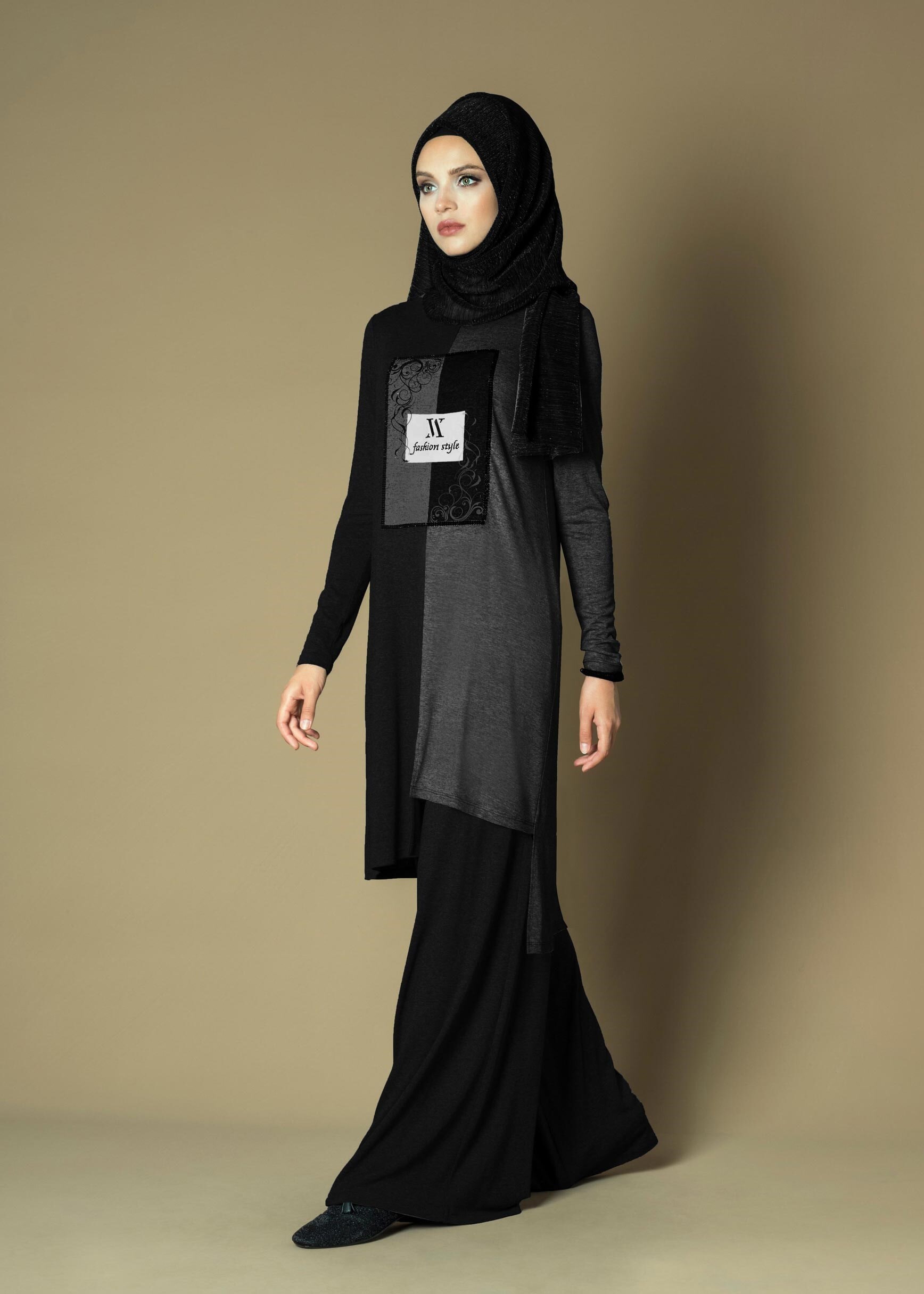 Tesettür giyim SİYAH ÖNÜ BASKILI ÇİFT RENK SALAŞ 2Lİ PANTOLON TAKIM 4645 