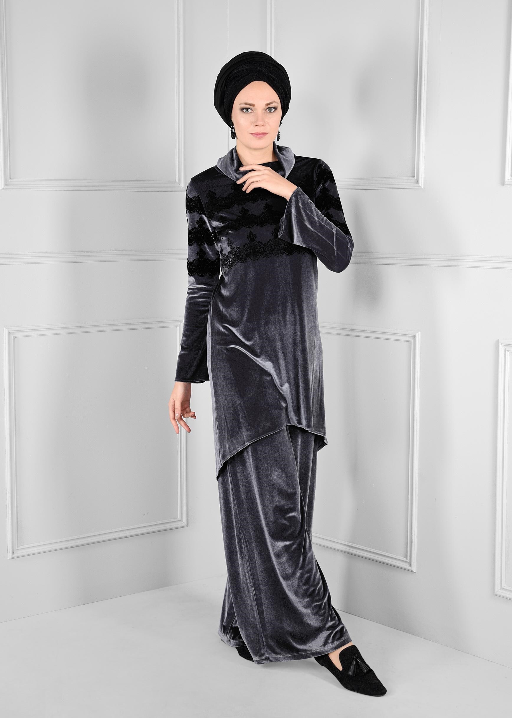 Tesettür giyim GRİ ŞAL YAKA GENİŞ KESİM 2Lİ PANTOLONLU TAKIM 4669 