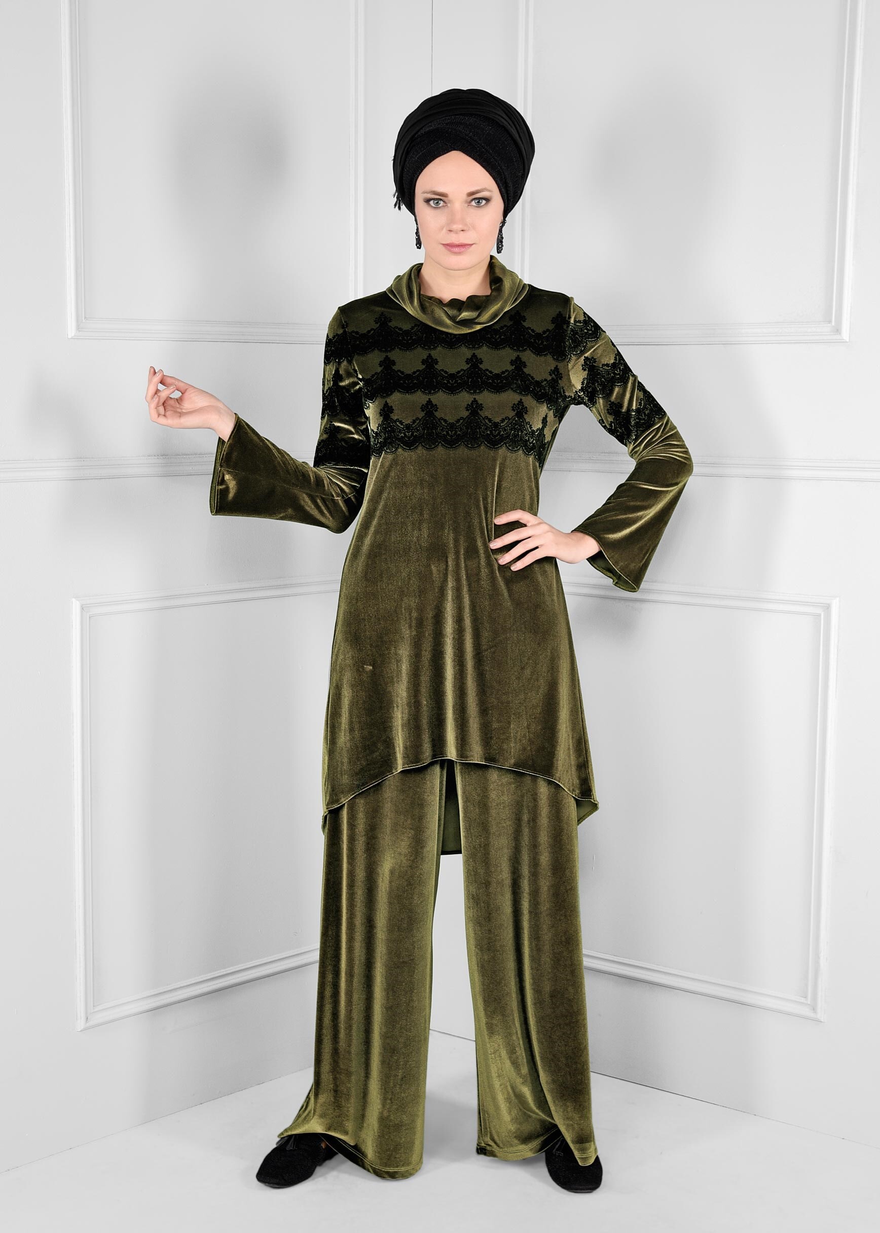 Tesettür giyim HAKİ ŞAL YAKA GENİŞ KESİM 2Lİ PANTOLONLU TAKIM 4669 