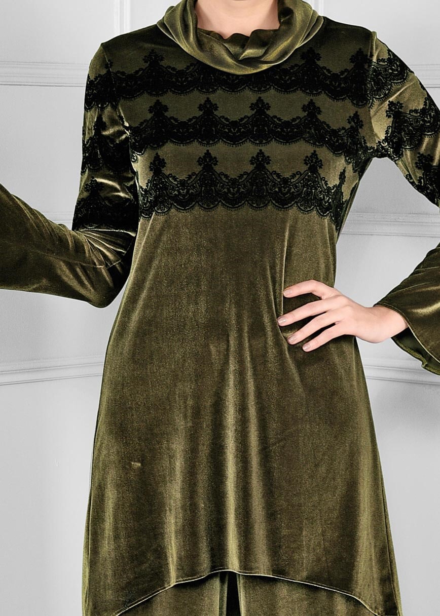 Tesettür giyim HAKİ ŞAL YAKA GENİŞ KESİM 2Lİ PANTOLONLU TAKIM 4669 