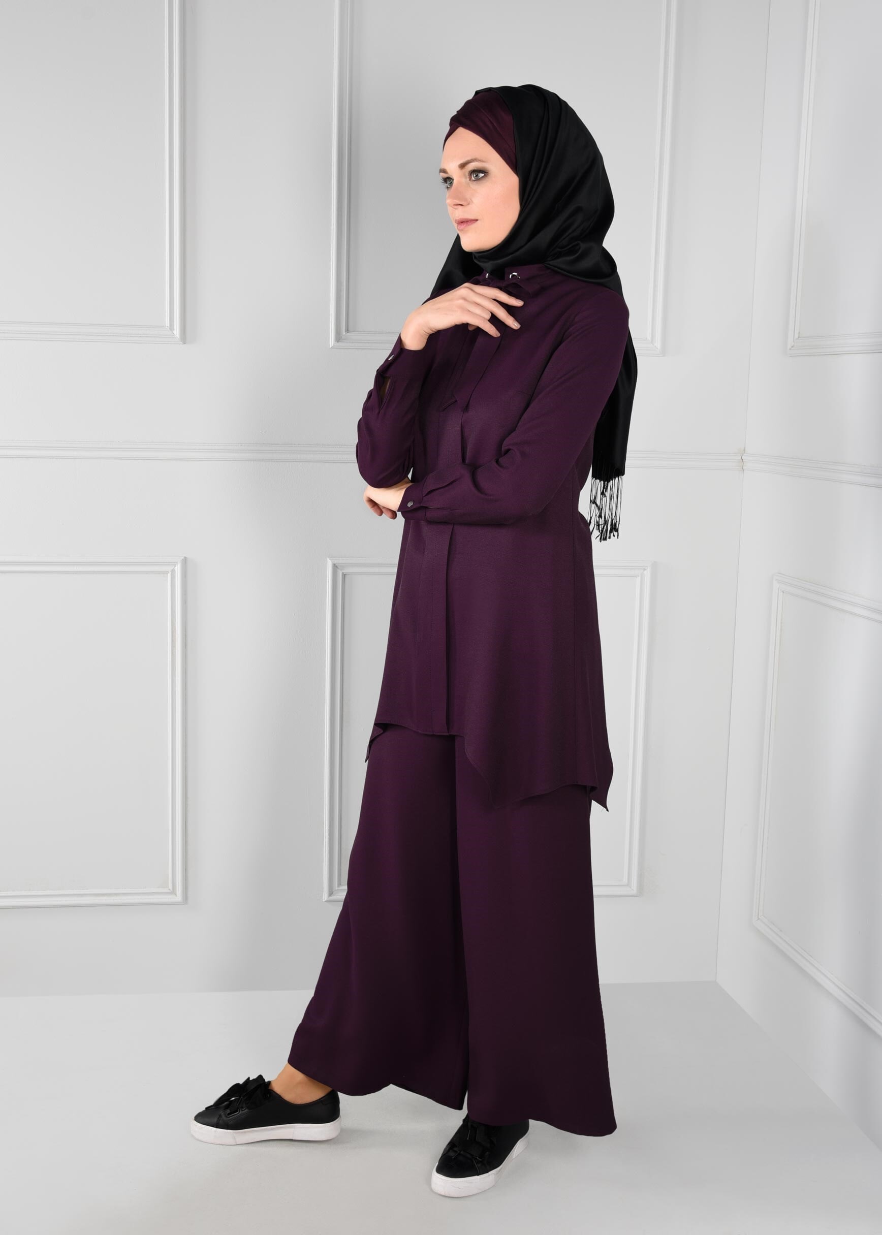 Tesettür giyim MOR ASİMETRİK KESİM 2&prime;Lİ PANTOLONLU TAKIM 4807