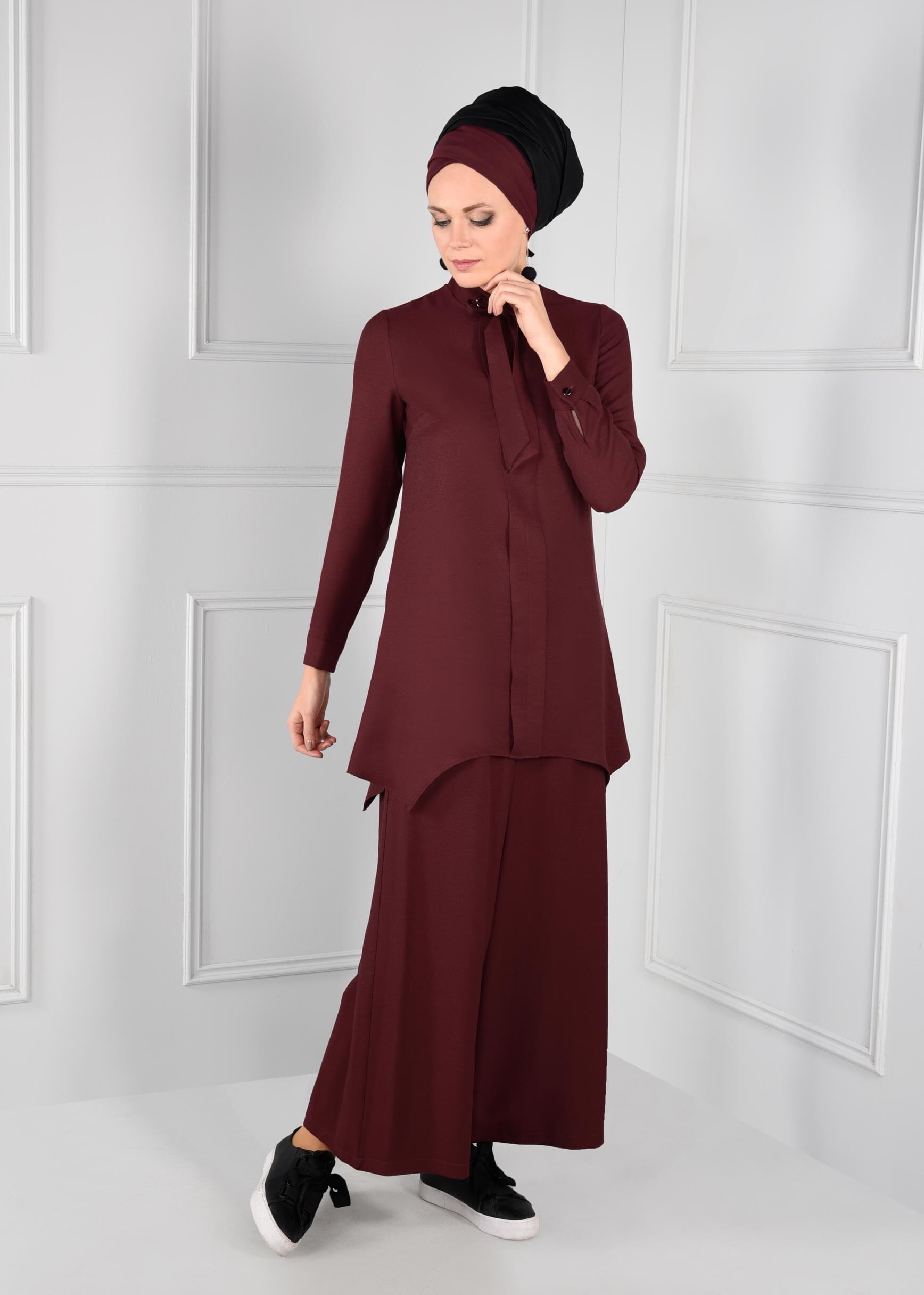 Tesettür giyim BORDO ASİMETRİK KESİM 2&prime;Lİ PANTOLONLU TAKIM 4807