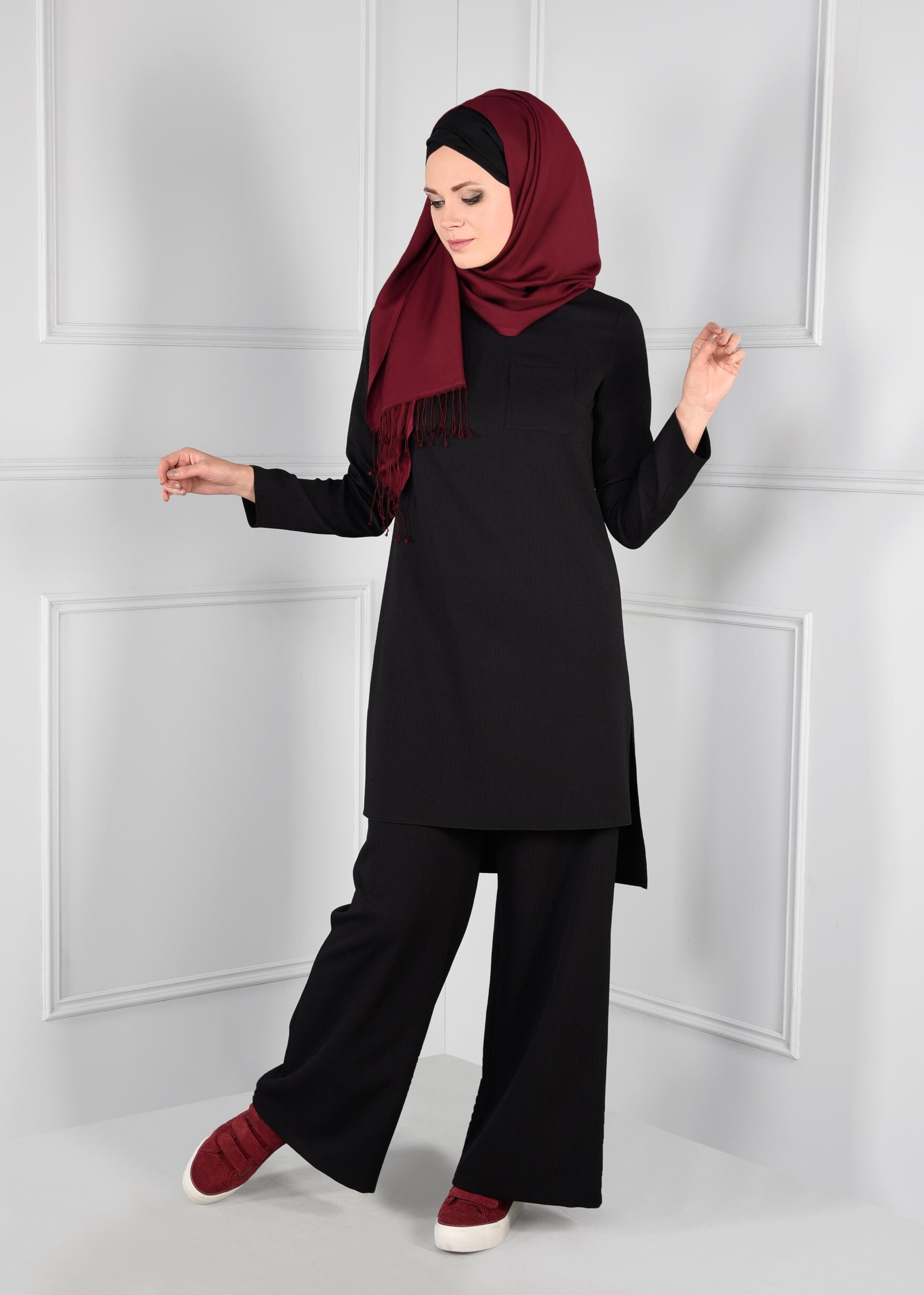 Tesettür giyim SİYAH ARKASI UZUN 2Lİ PANTOLON TAKIM 4809