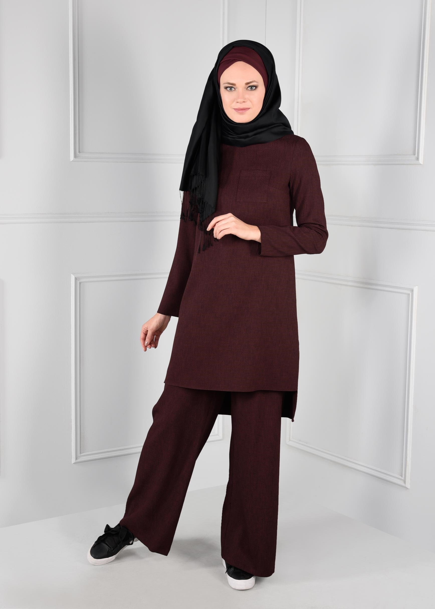 Tesettür giyim BORDO ARKASI UZUN 2Lİ PANTOLON TAKIM 4809