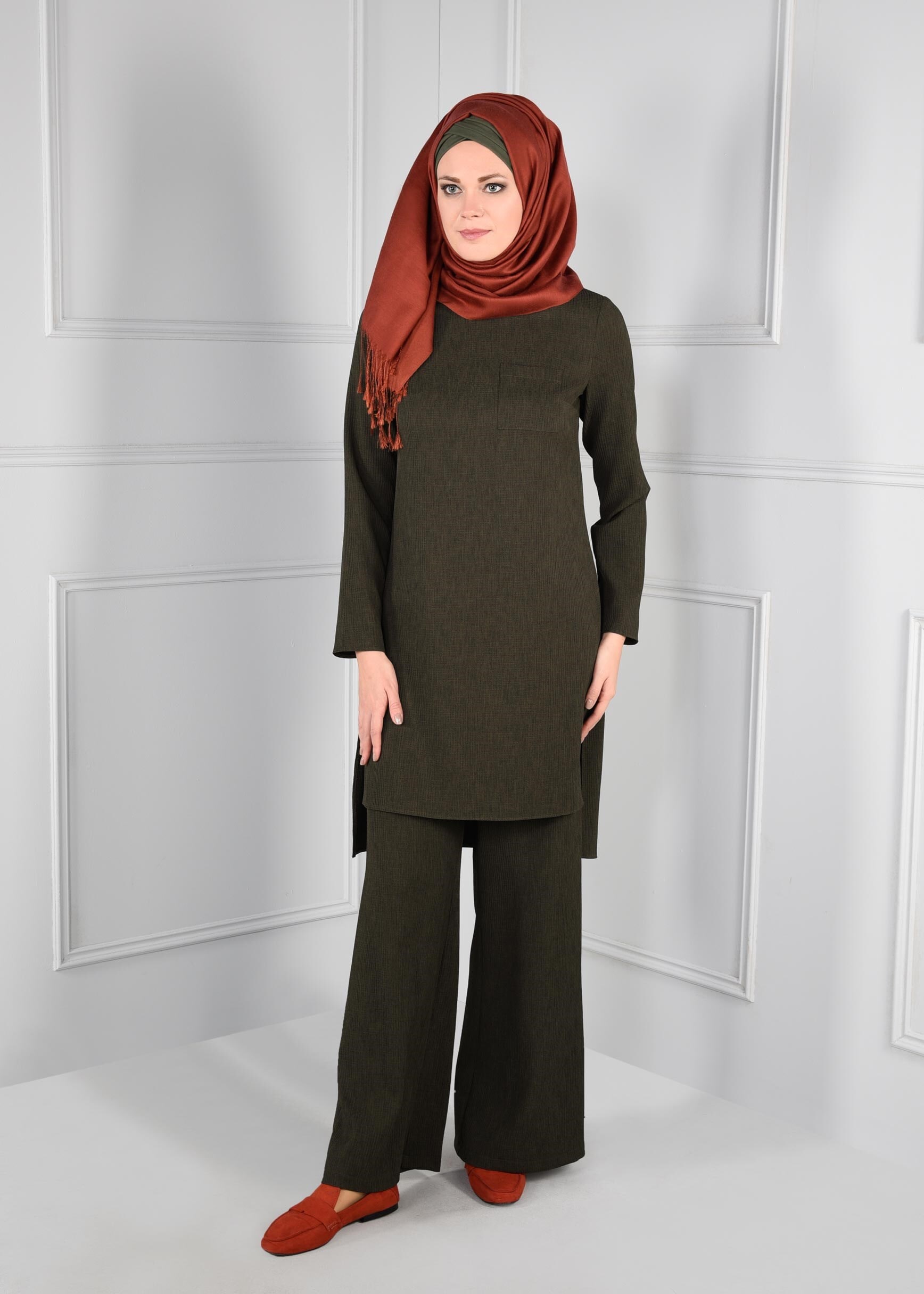 Tesettür giyim HAKİ ARKASI UZUN 2Lİ PANTOLON TAKIM 4809